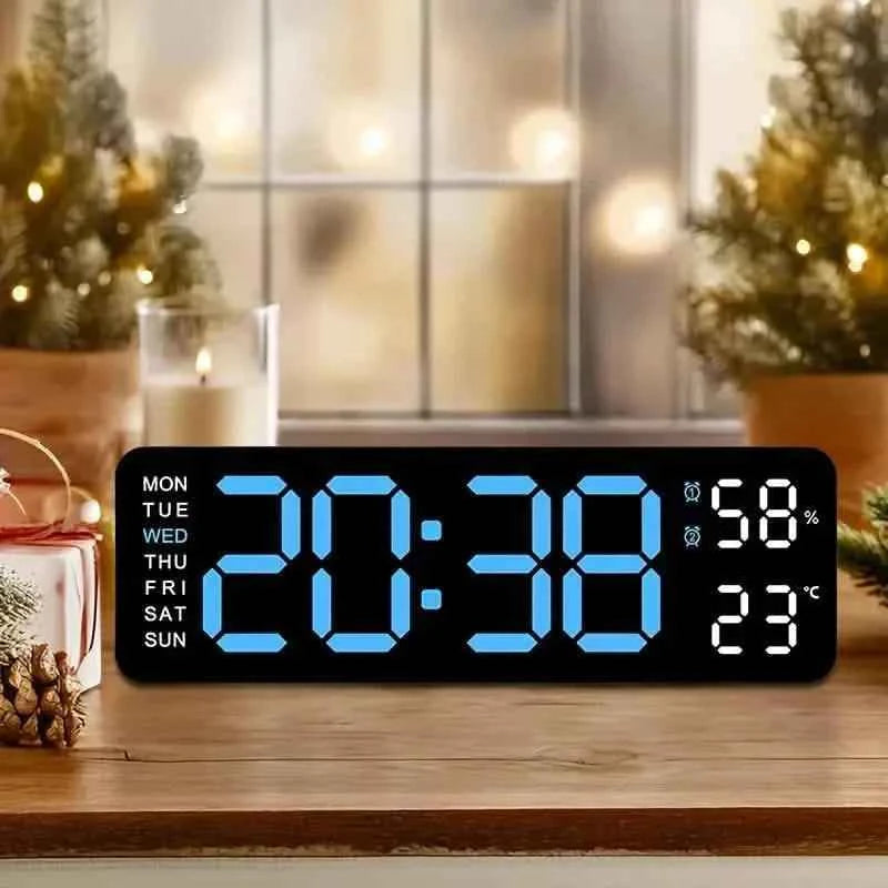 LED Digital Wall Clock with Large Display, Temperature & Humidity, Auto Light Sensor
