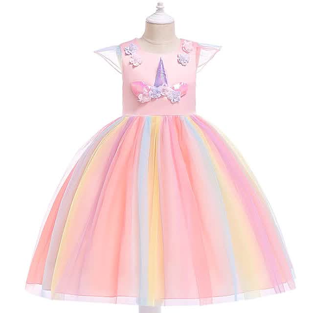 Little Girls' Dress Unicorn Rainbow Patchwork Colorful Tulle Dress