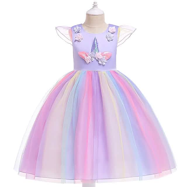 Little Girls' Dress Unicorn Rainbow Patchwork Colorful Tulle Dress