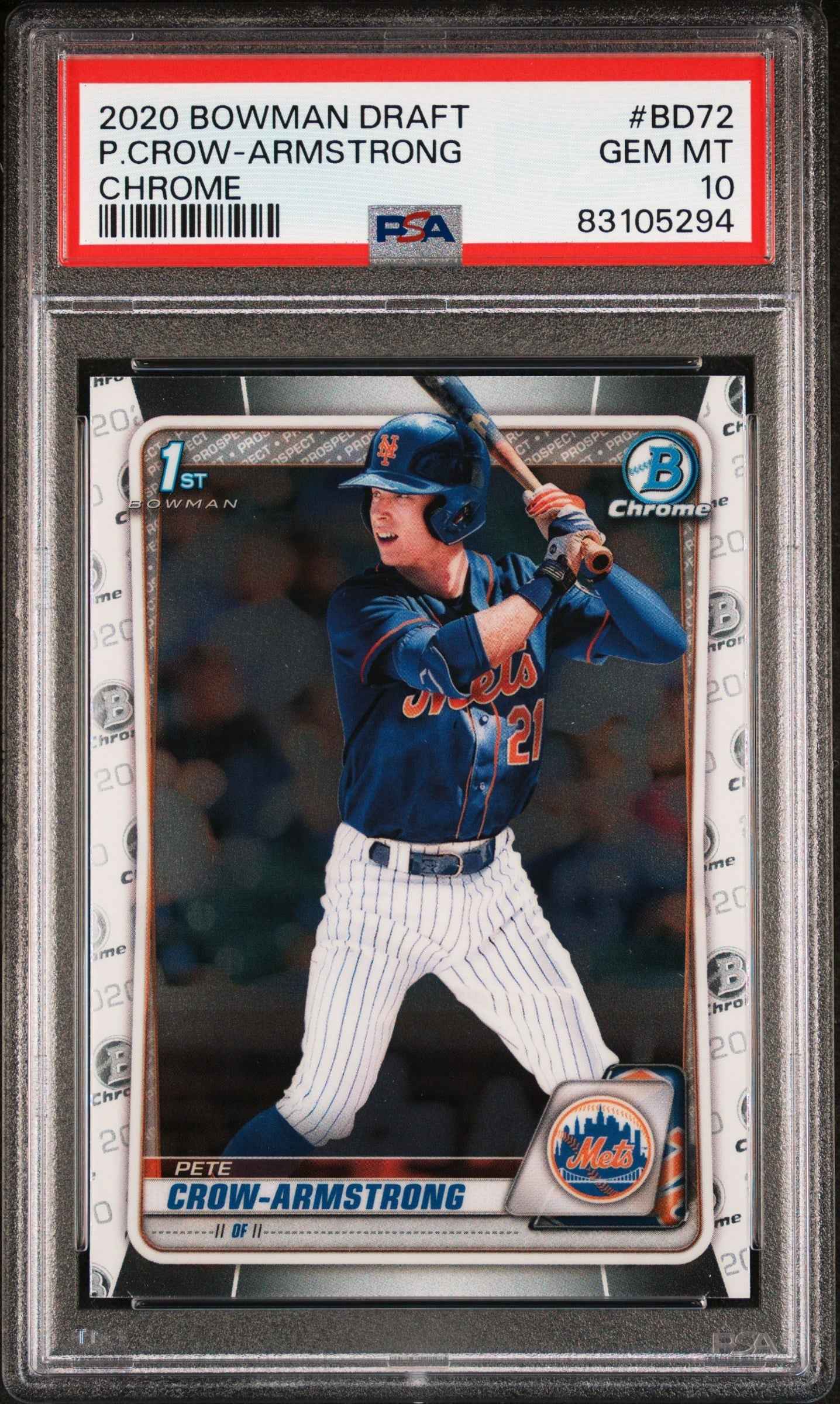 Graded 2020 Topps Bowman Draft Pete Crow Armstrong #BD72 Chrome Rookie RC Baseball Card PSA 10 Gem Mint