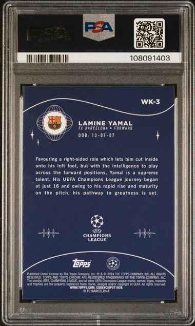 Graded 2023 Topps Chrome UCC Lamine Yamal #WK3 Wonderkids Rookie RC Soccer Card PSA 9 Mint