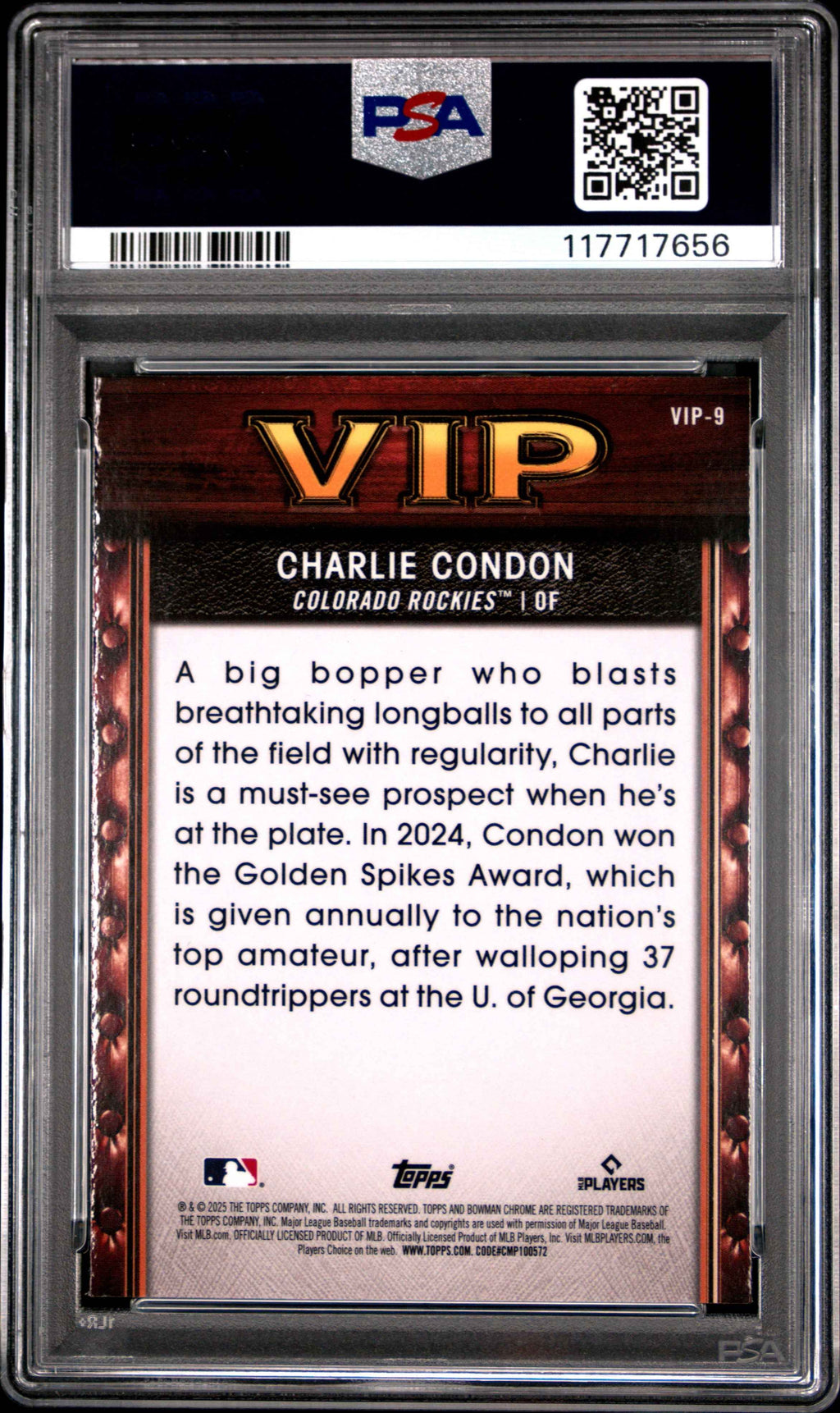 Graded 2025 Topps Bowman Charlie Condon #VIP9 Very Important Prospects Rookie RC Baseball Card PSA 10 Gem Mint