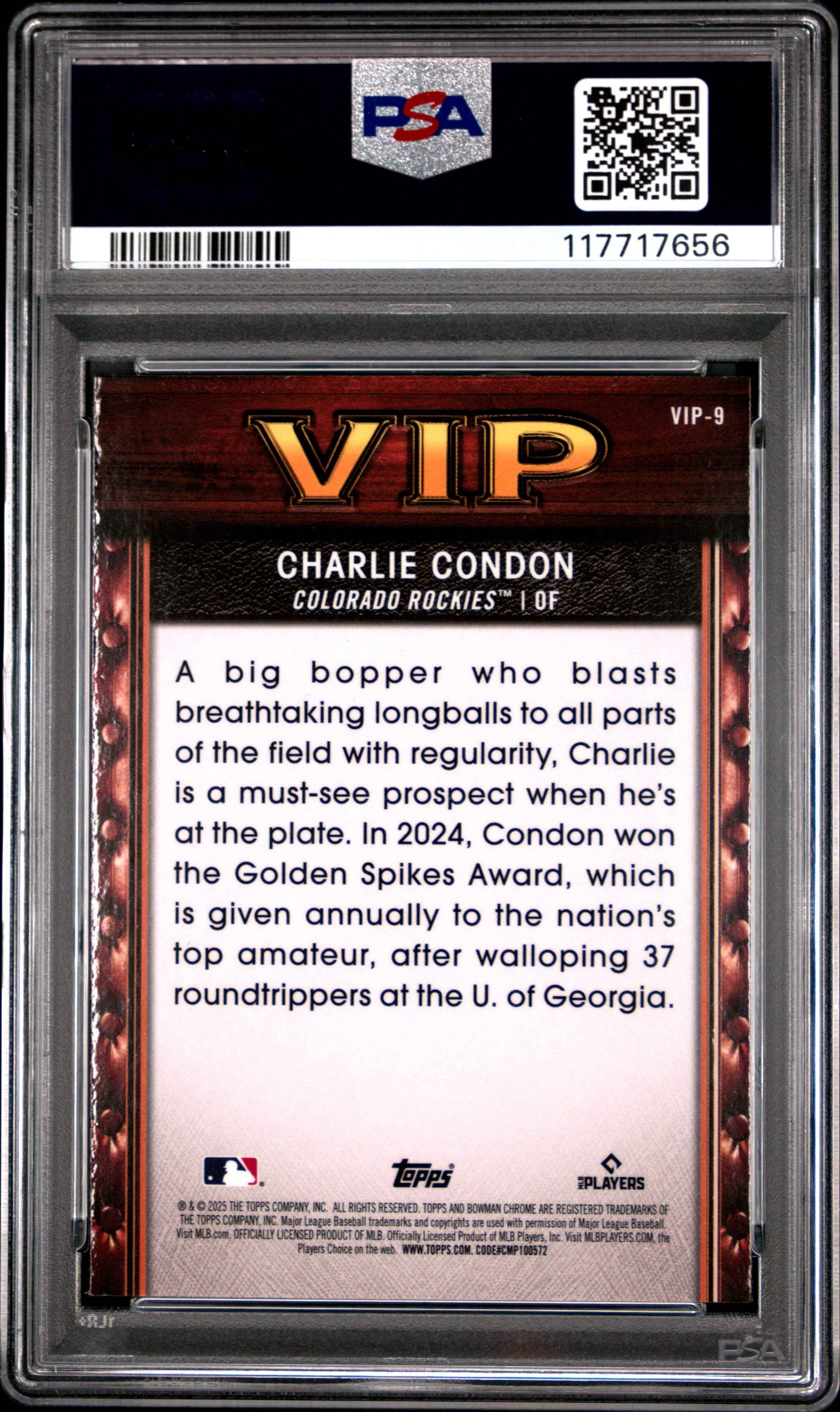 Graded 2025 Topps Bowman Charlie Condon #VIP9 Very Important Prospects Rookie RC Baseball Card PSA 10 Gem Mint