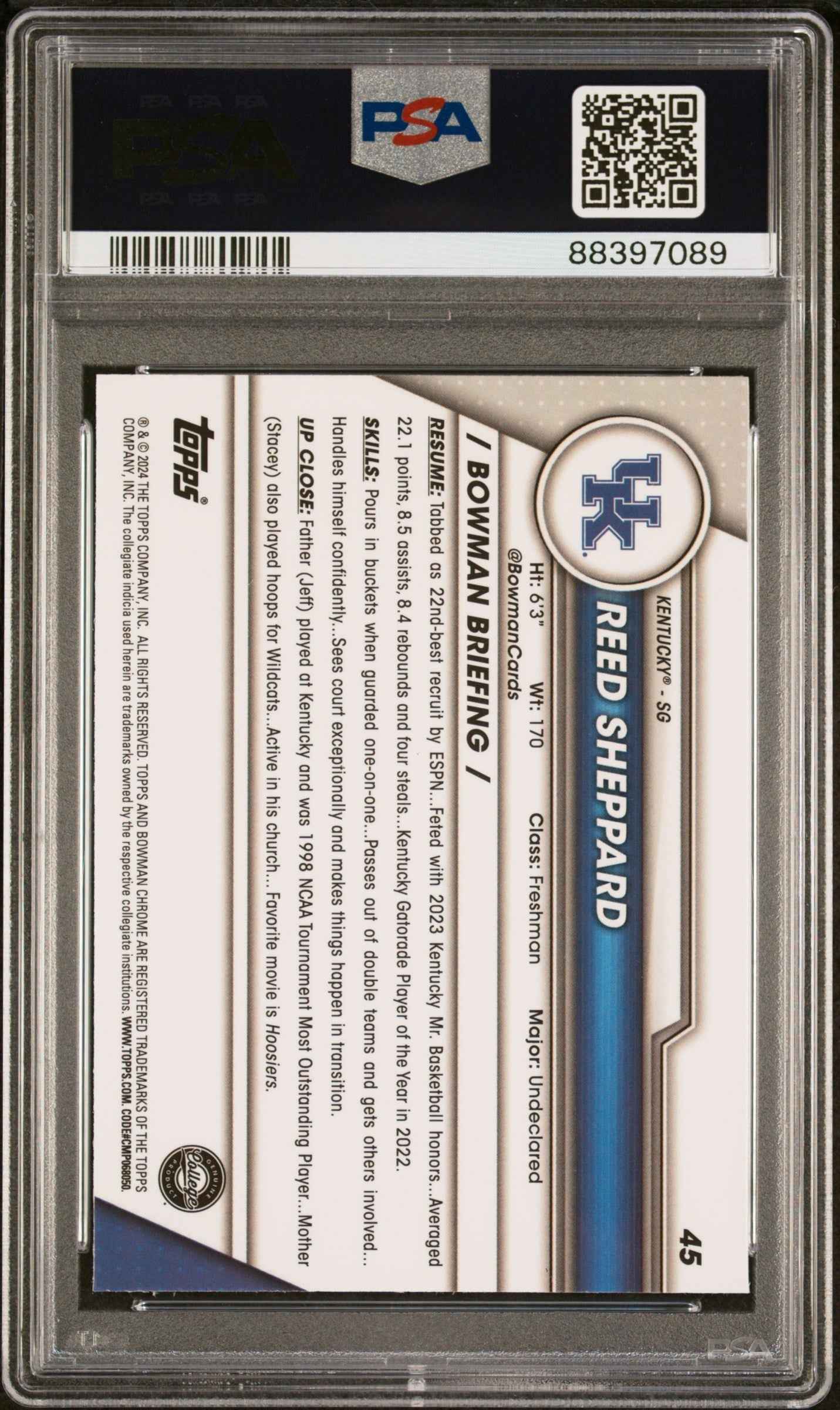 Graded 2023 Topps Bowman U Sapphire Reed Sheppard #45 Rookie RC Basketball Card PSA 10 Gem Mint