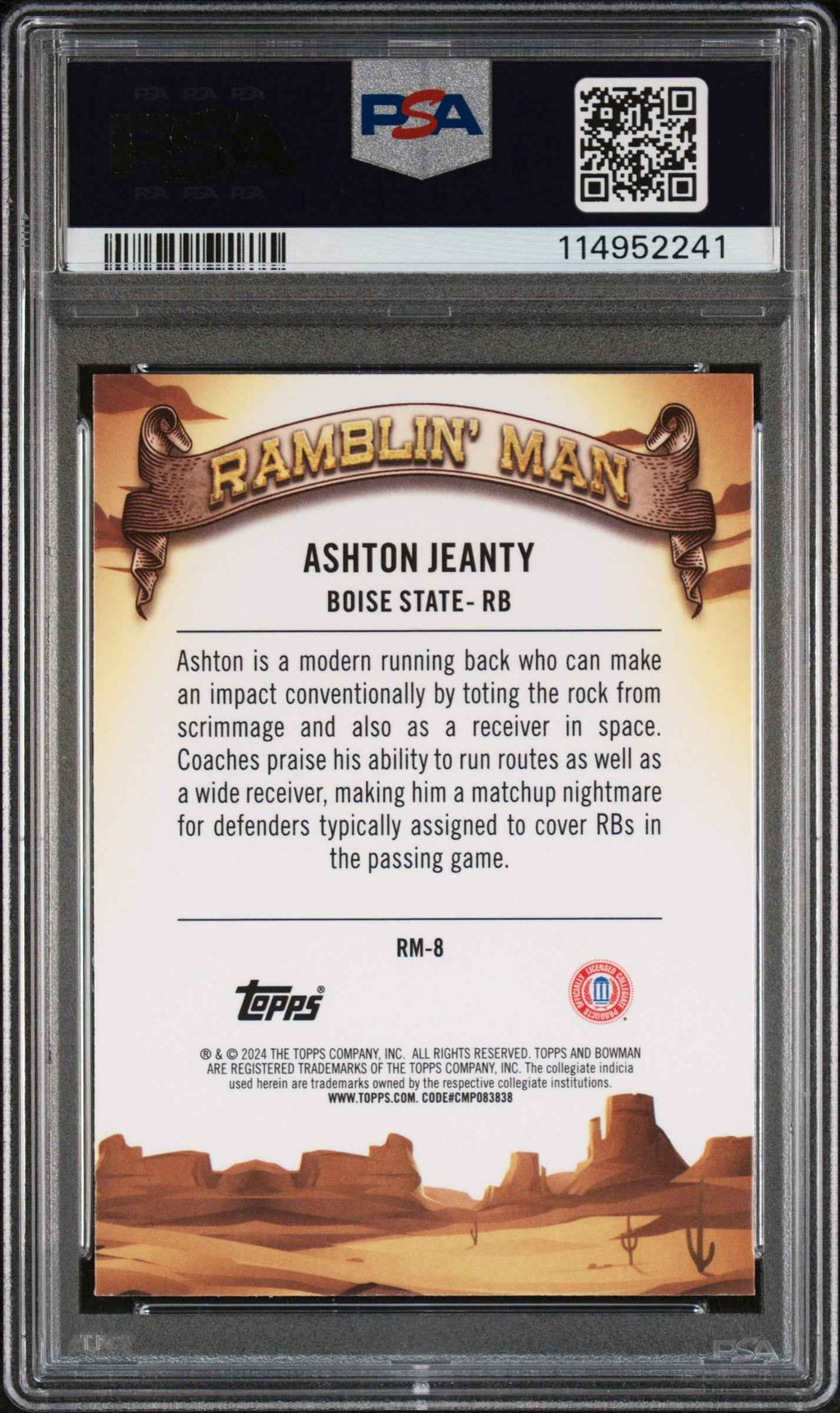 Graded 2024 Topps Bowman U Chrome Ashton Jeanty #RM8 Ramblin Man Rookie RC Football Card PSA 10 Gem Mint