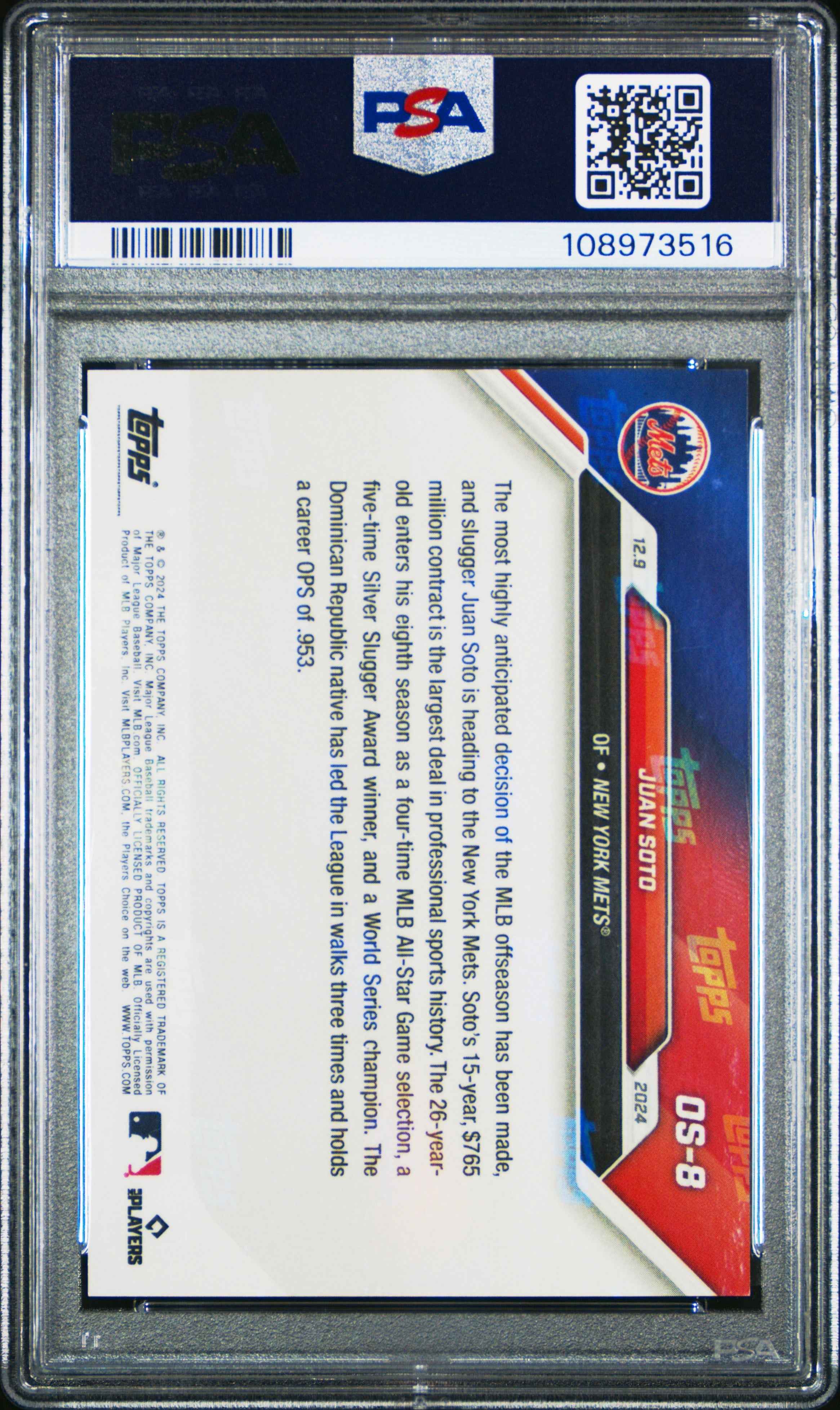 Graded 2024 Topps Now Juan Soto #OS8 Offseason Baseball Card PSA 9 Mint