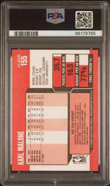 Graded 1989 Fleer Karl Malone #155 Basketball Card PSA 10 Gem Mint