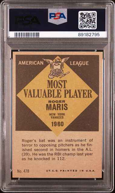 Graded 1961 Topps MVP Roger Maris #478 Baseball Card PSA 6 EX-MT