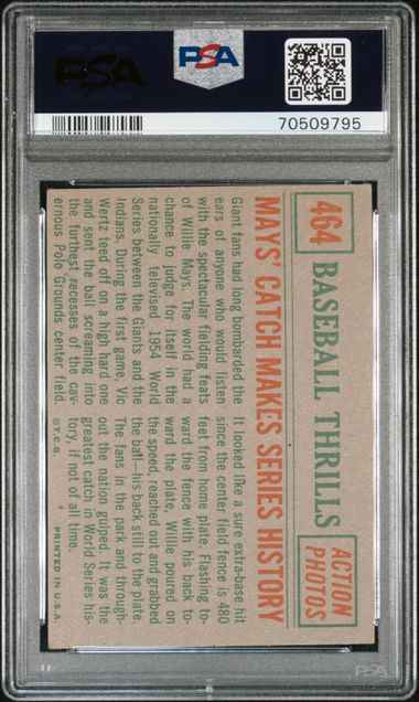 Graded 1959 Topps Mays' Catch Makes Series History Willie Mays #464 Baseball Card PSA 5 EX