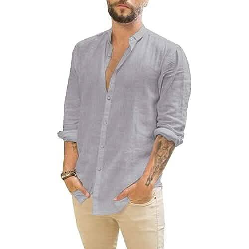 Mens Summer Casual Long Sleeve Cotton Linen T-Shirt