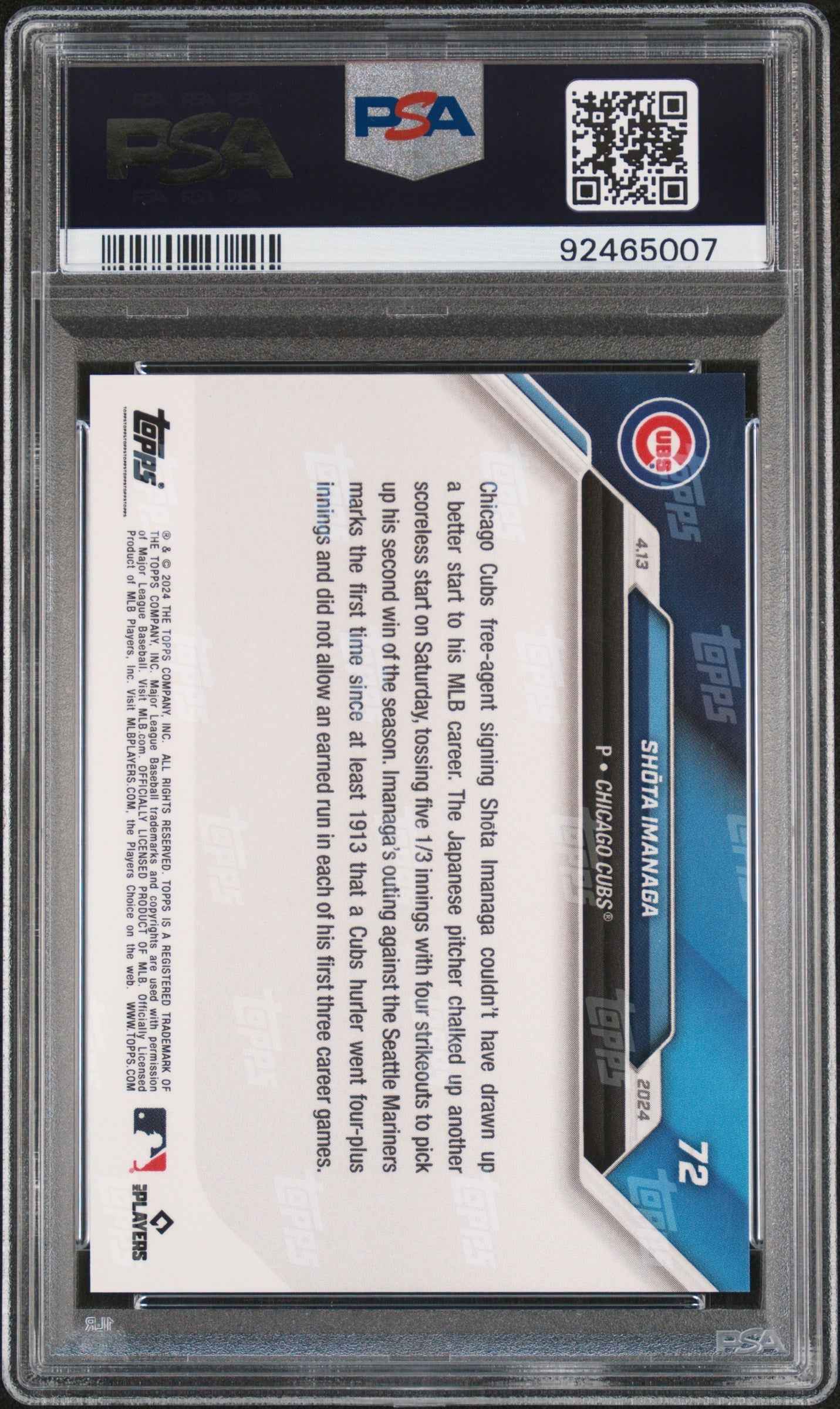Graded 2024 Topps Now Shota Imanaga #72 Purple #/25 Rookie RC Baseball Card PSA 9 Mint