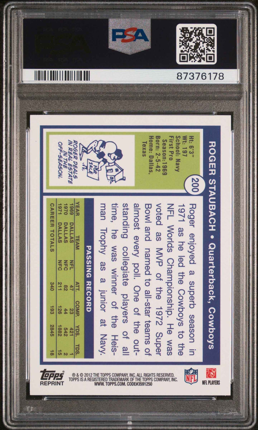 Graded 2012 Topps Roger Staubach #200 Rookie Reprint Football Card PSA 10 Gem Mint