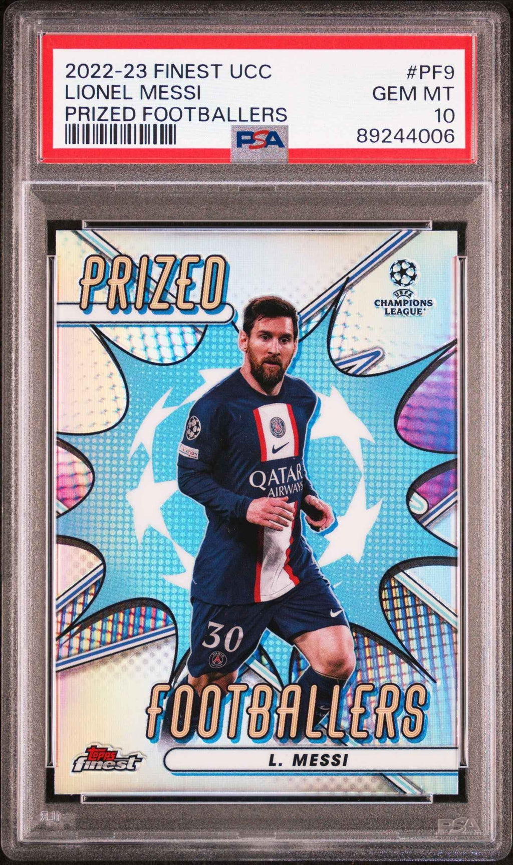 Graded 2022 Topps Finest UCC Lionel Messi #PF9 Prized Footballers Soccer Card PSA 10 Gem Mint