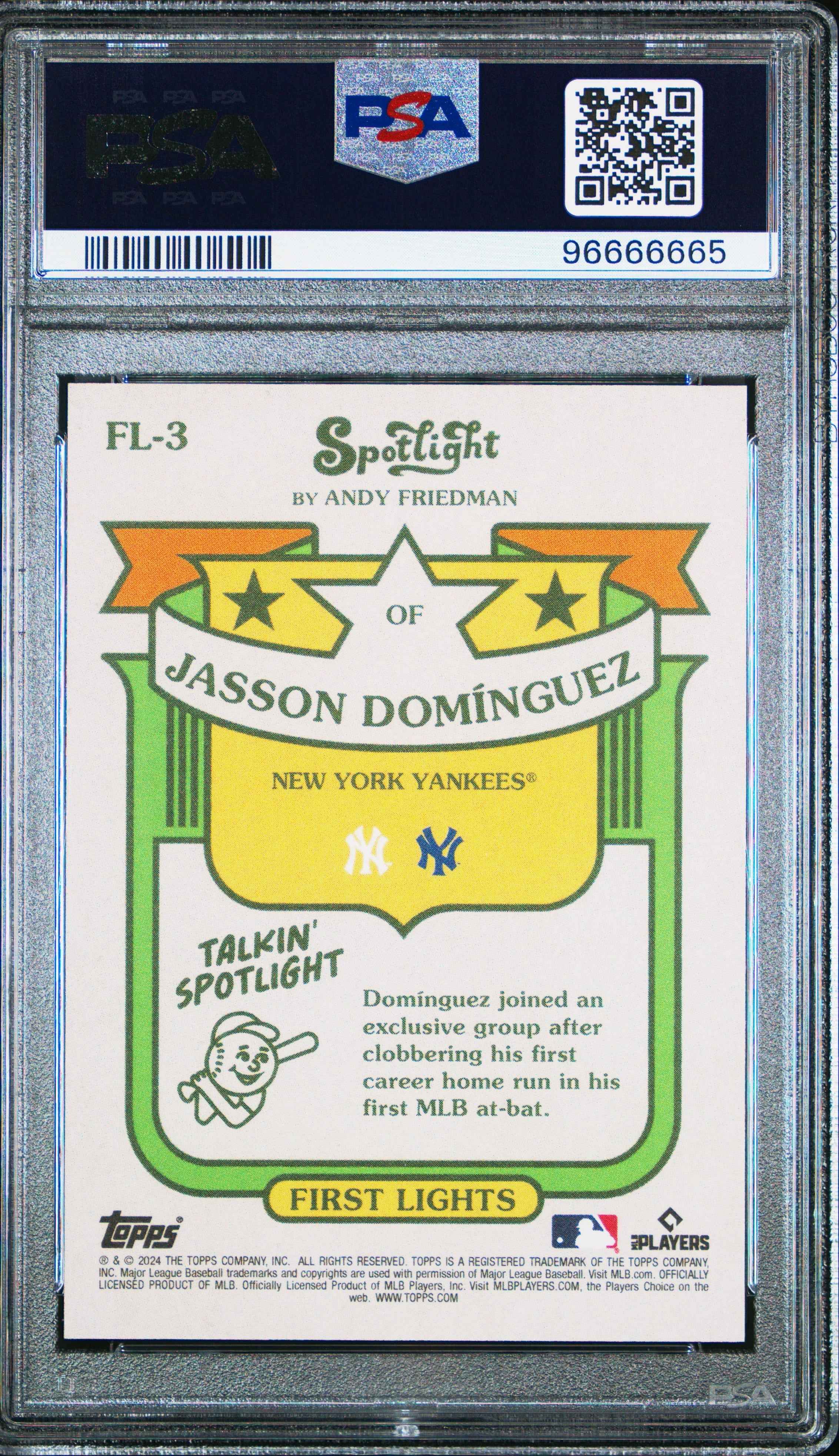 Graded 2024 Topps Spotlight Jasson Dominguez #FL3 First Lights Rookie RC Baseball Card PSA 10 Gem Mint