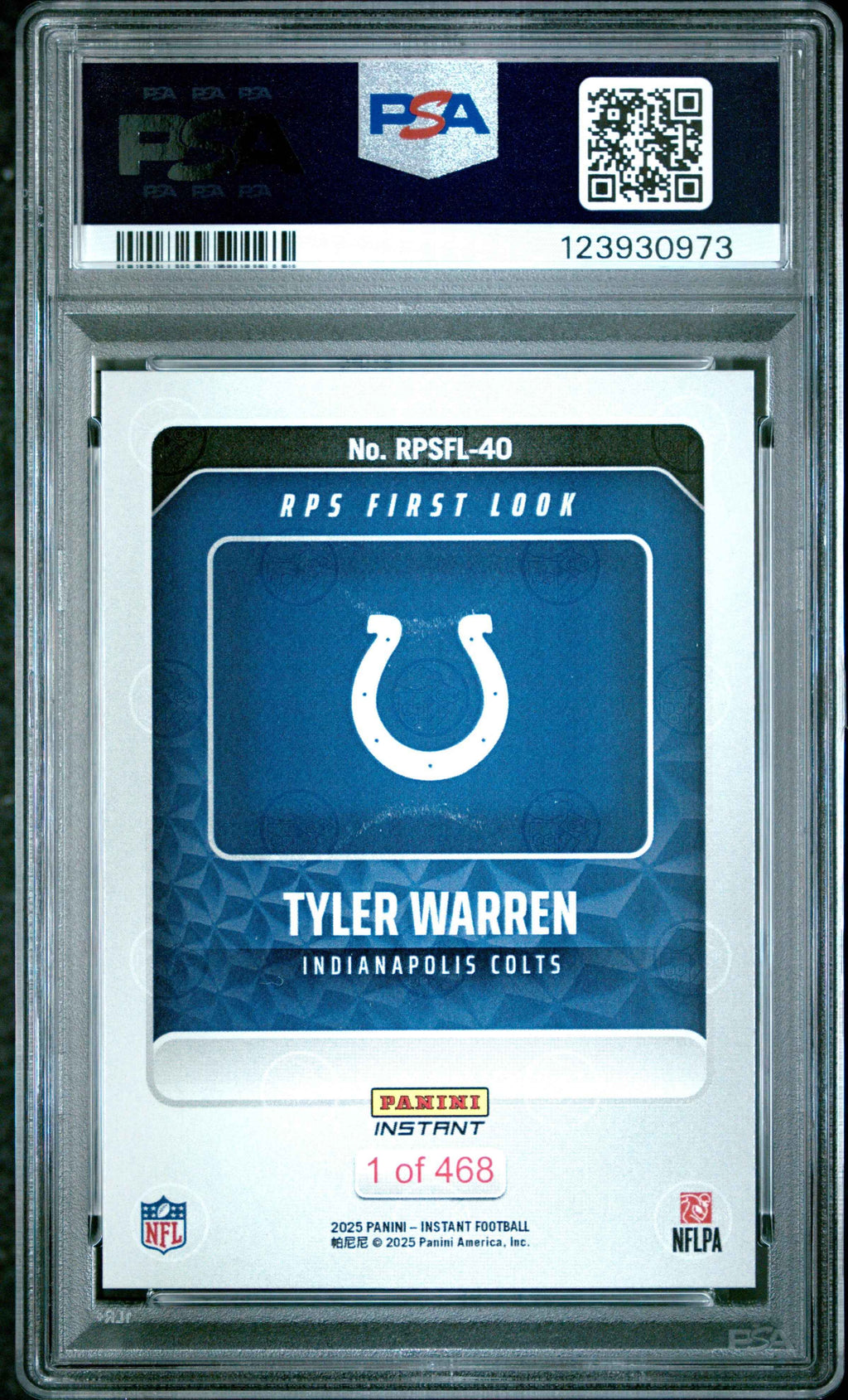 Graded 2025 Panini Instant Tyler Warren #RPSFL40 RPS First Look Rookie RC Football Card PSA 10 Gem Mint