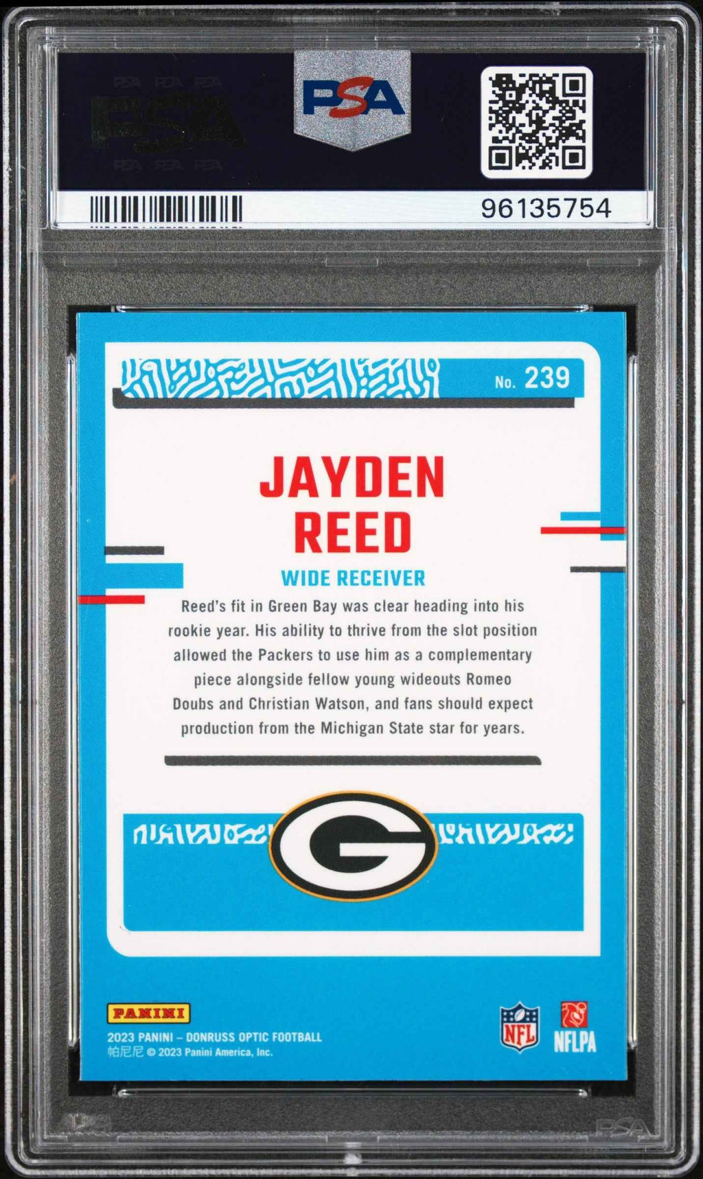 Graded 2023 Panini Donruss Optic Jayden Reed #239 Rookie RC Football Card PSA 10 Gem Mint