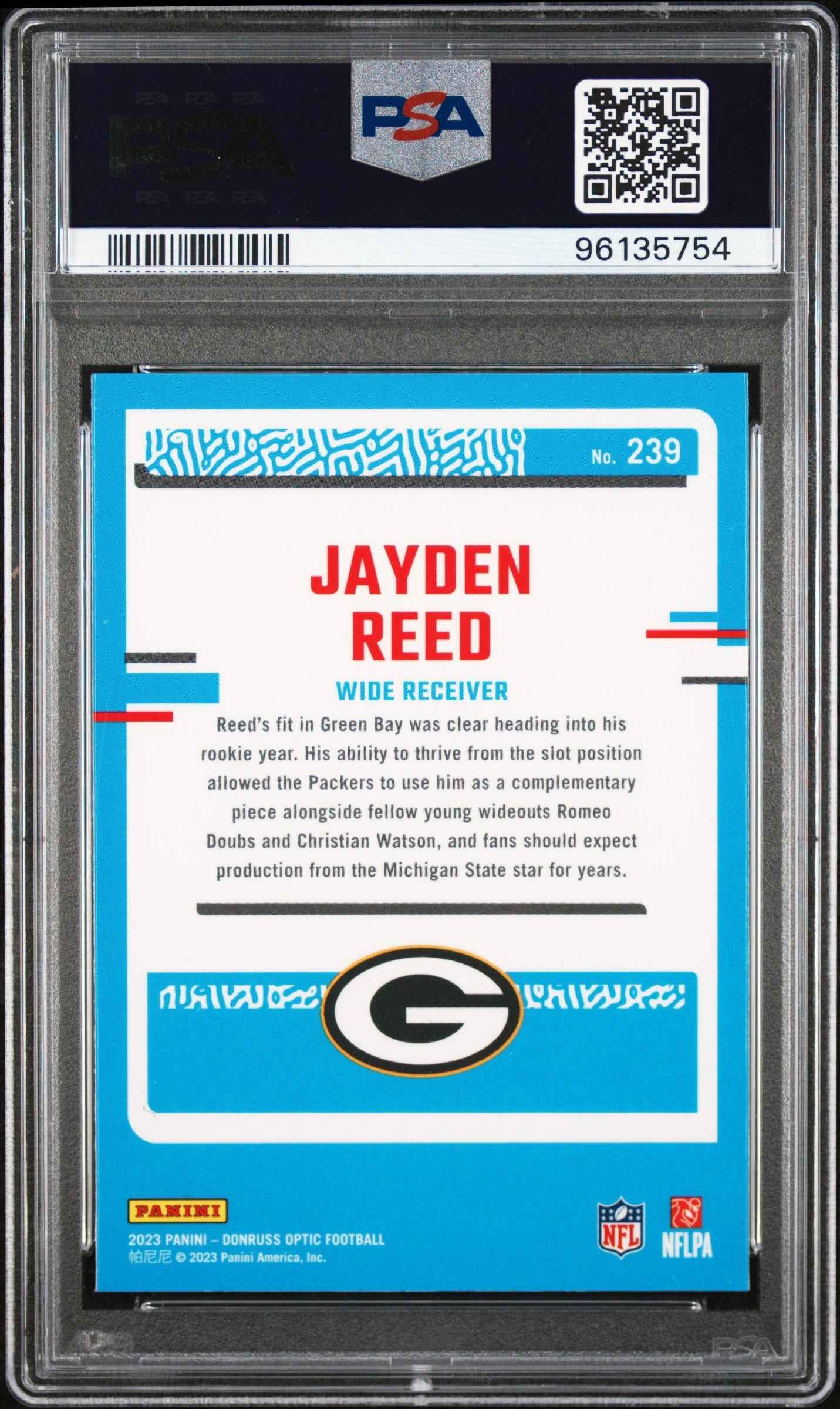 Graded 2023 Panini Donruss Optic Jayden Reed #239 Rookie RC Football Card PSA 10 Gem Mint