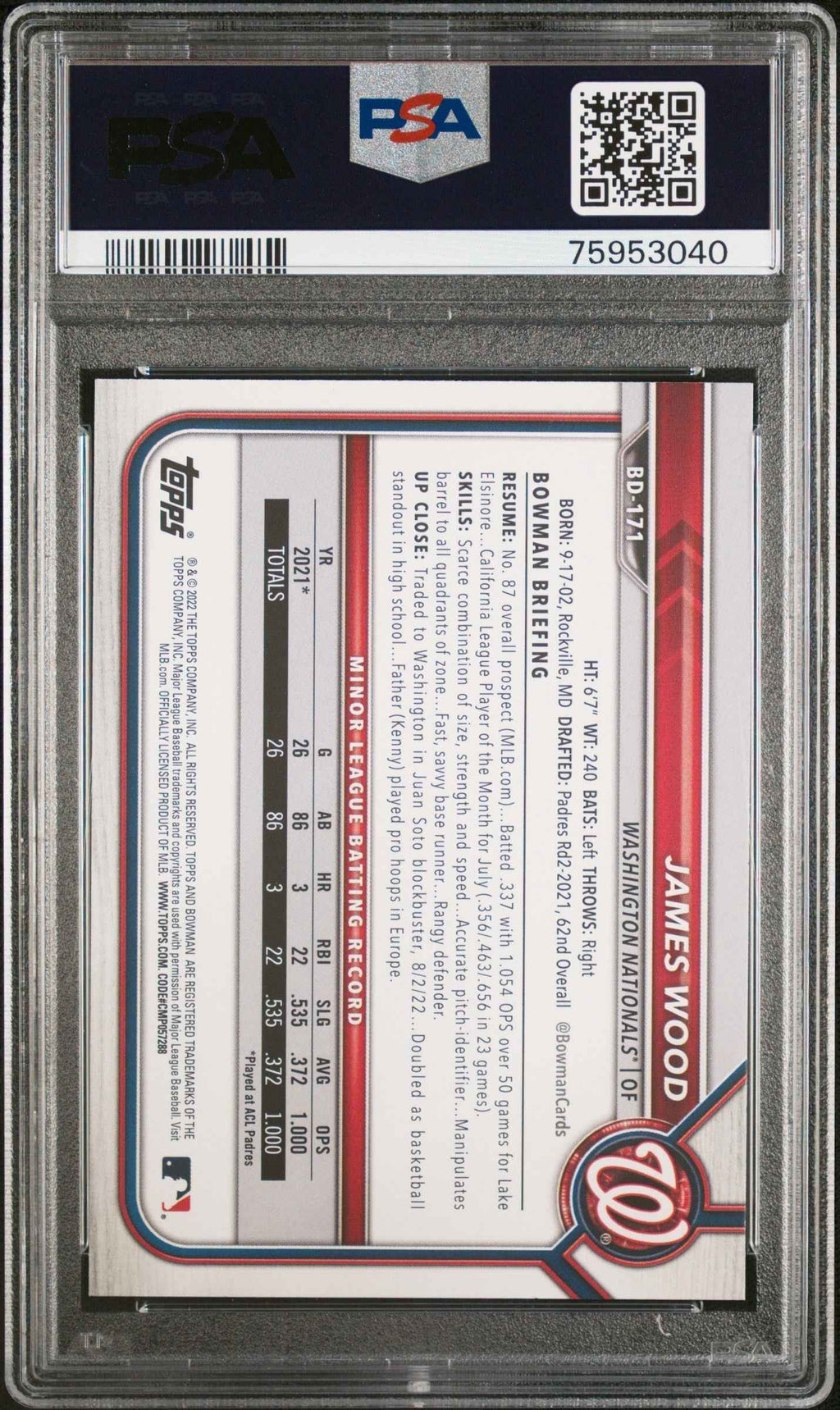 Graded 2022 Topps Bowman Draft 1st Ed James Wood #171 Rookie RC Baseball Card PSA 10 Gem Mint