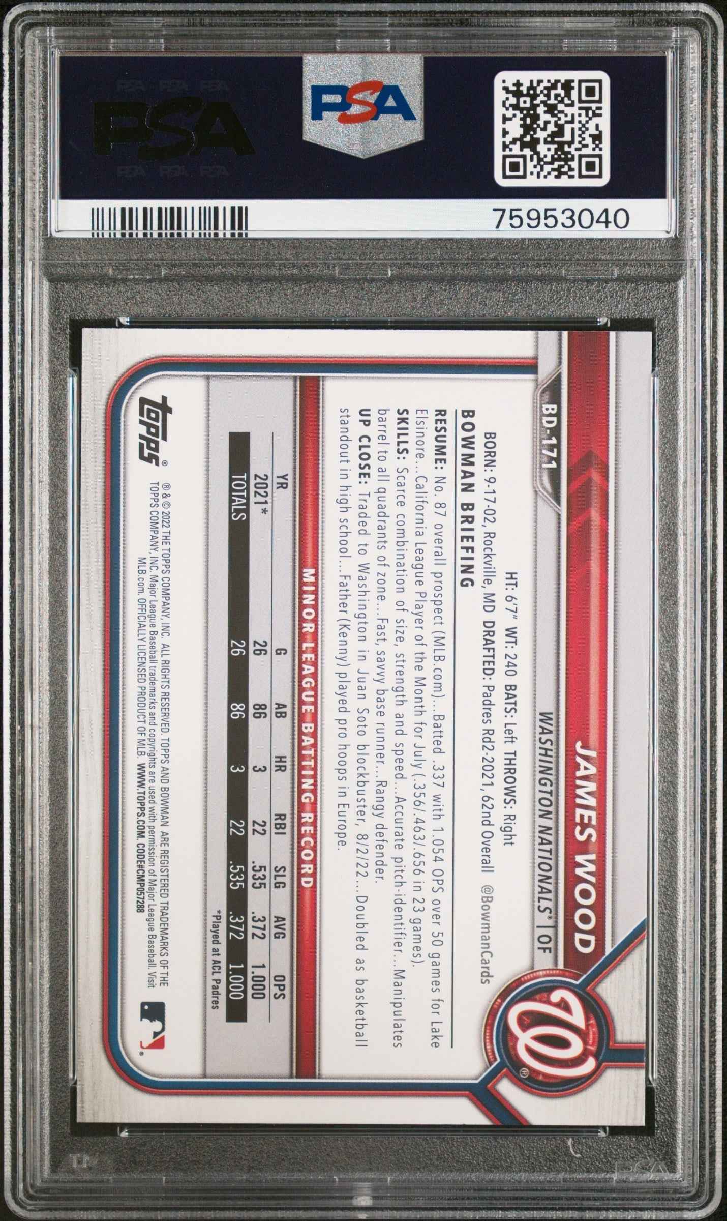 Graded 2022 Topps Bowman Draft 1st Ed James Wood #171 Rookie RC Baseball Card PSA 10 Gem Mint