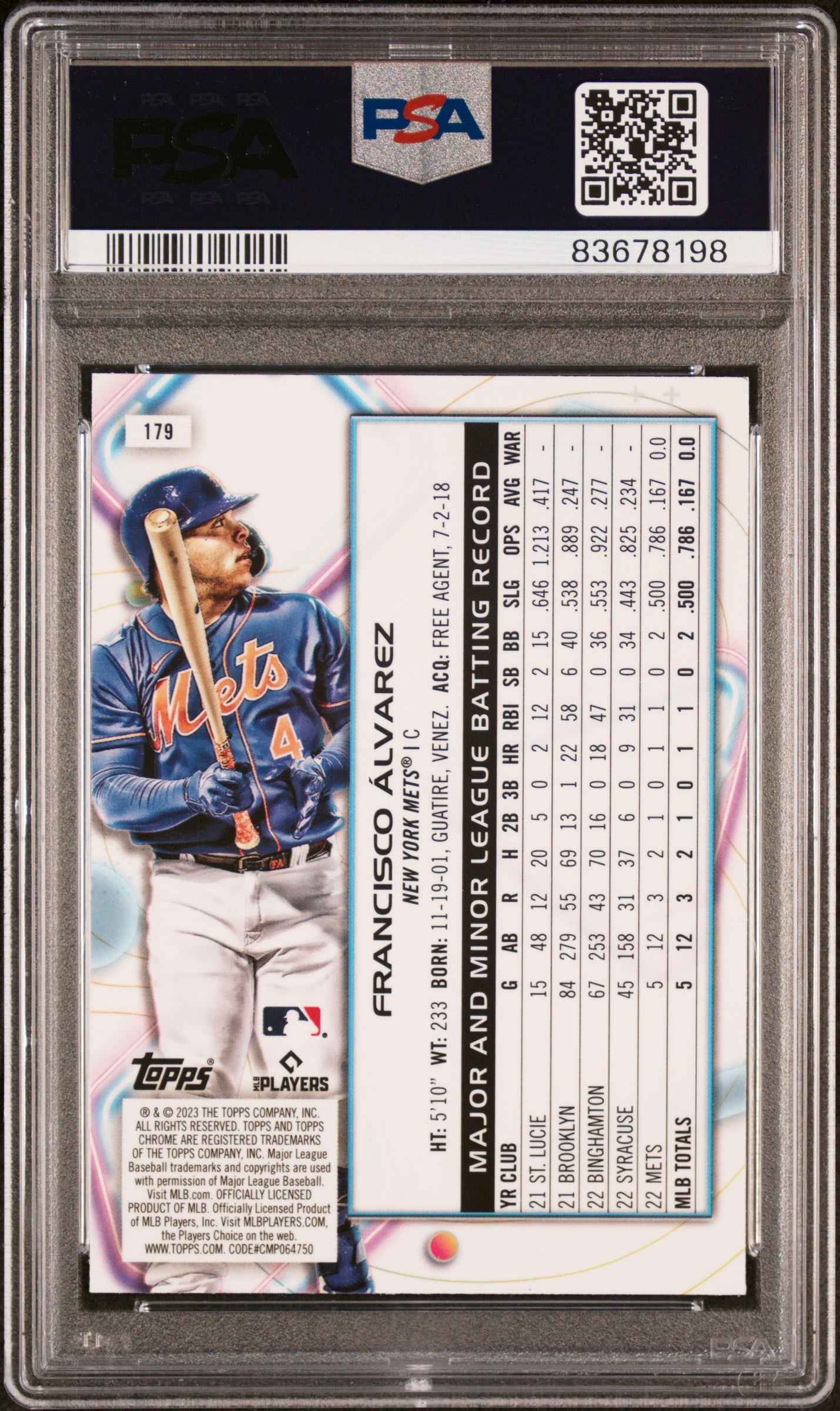Graded 2023 Topps Cosmic Chrome Francisco Alvarez #179 Rookie RC Baseball Card PSA 10 Gem Mint
