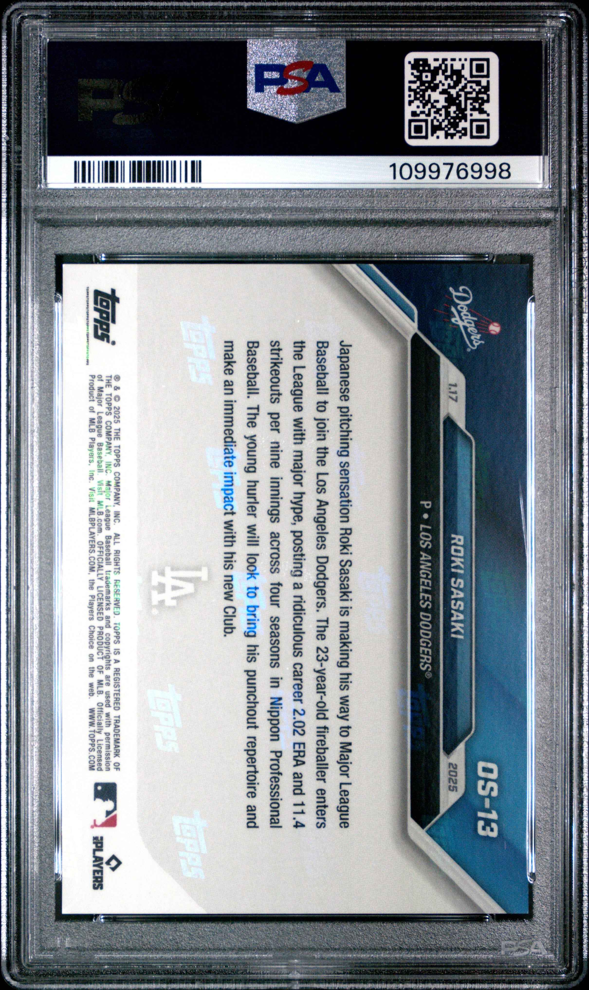 Graded 2024 Topps Now Roki Sasaki #OS13 Offseason Rookie RC Baseball Card PSA 8 Near Mint