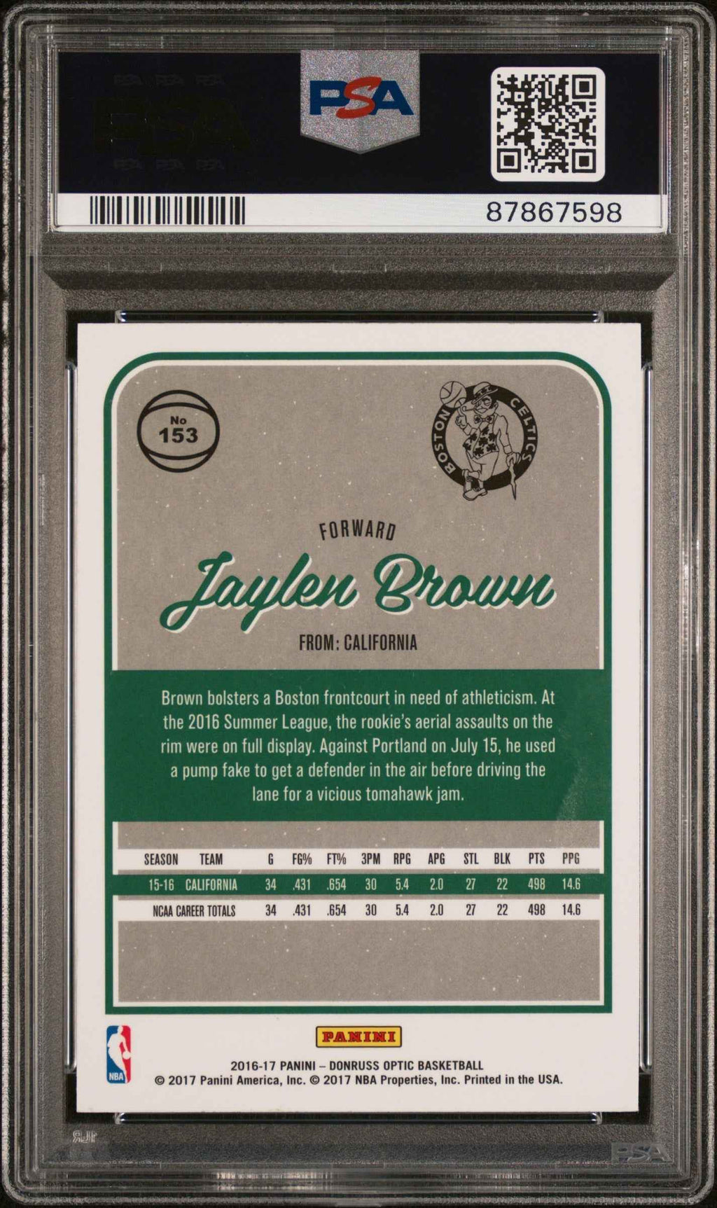Graded 2016 Panini Donruss Optic Jaylen Brown #153 Rookie RC Basketball Card PSA 10 Gem Mint