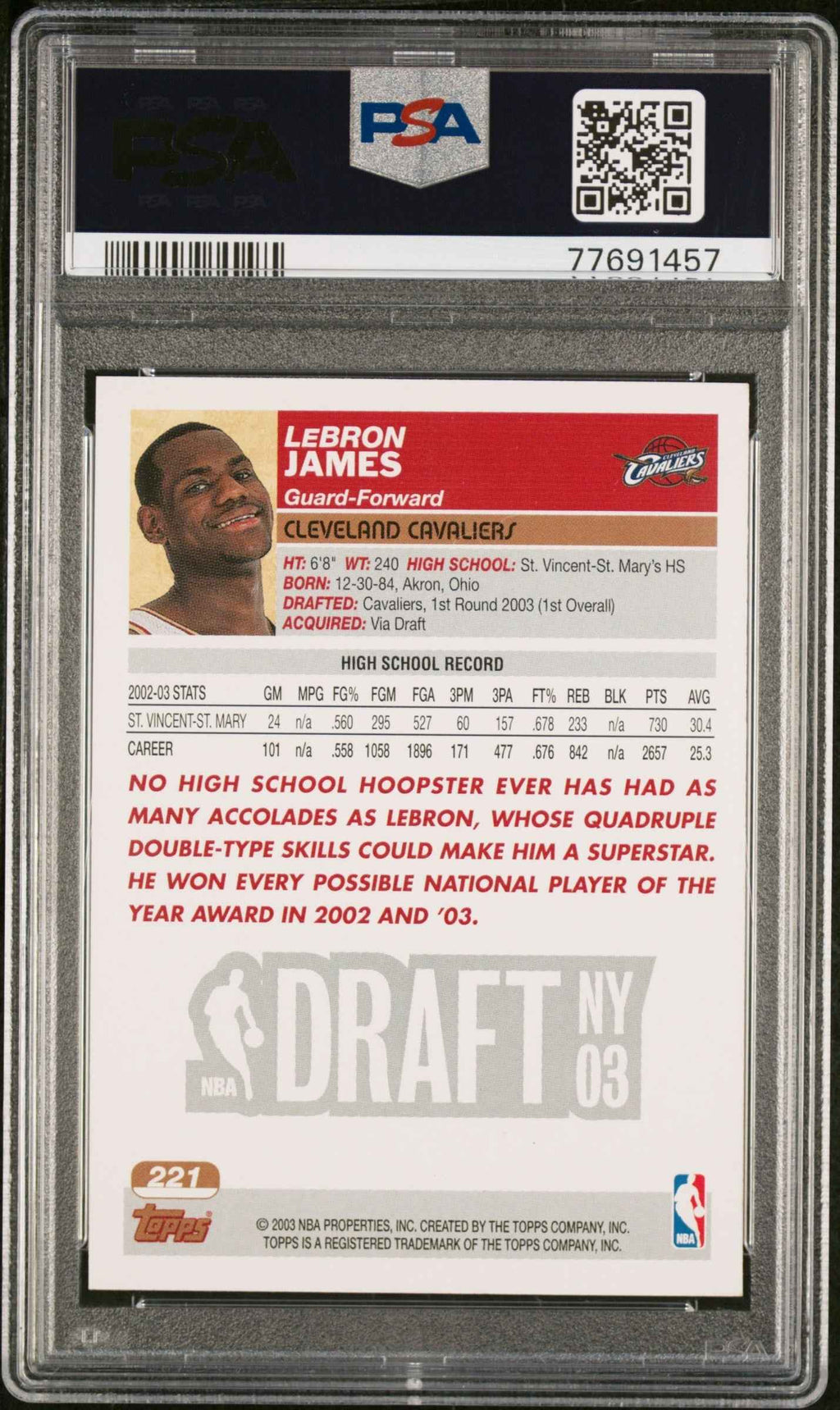 Graded 2003 Topps LeBron James #221 Rookie RC Basketball Card PSA 9 Mint
