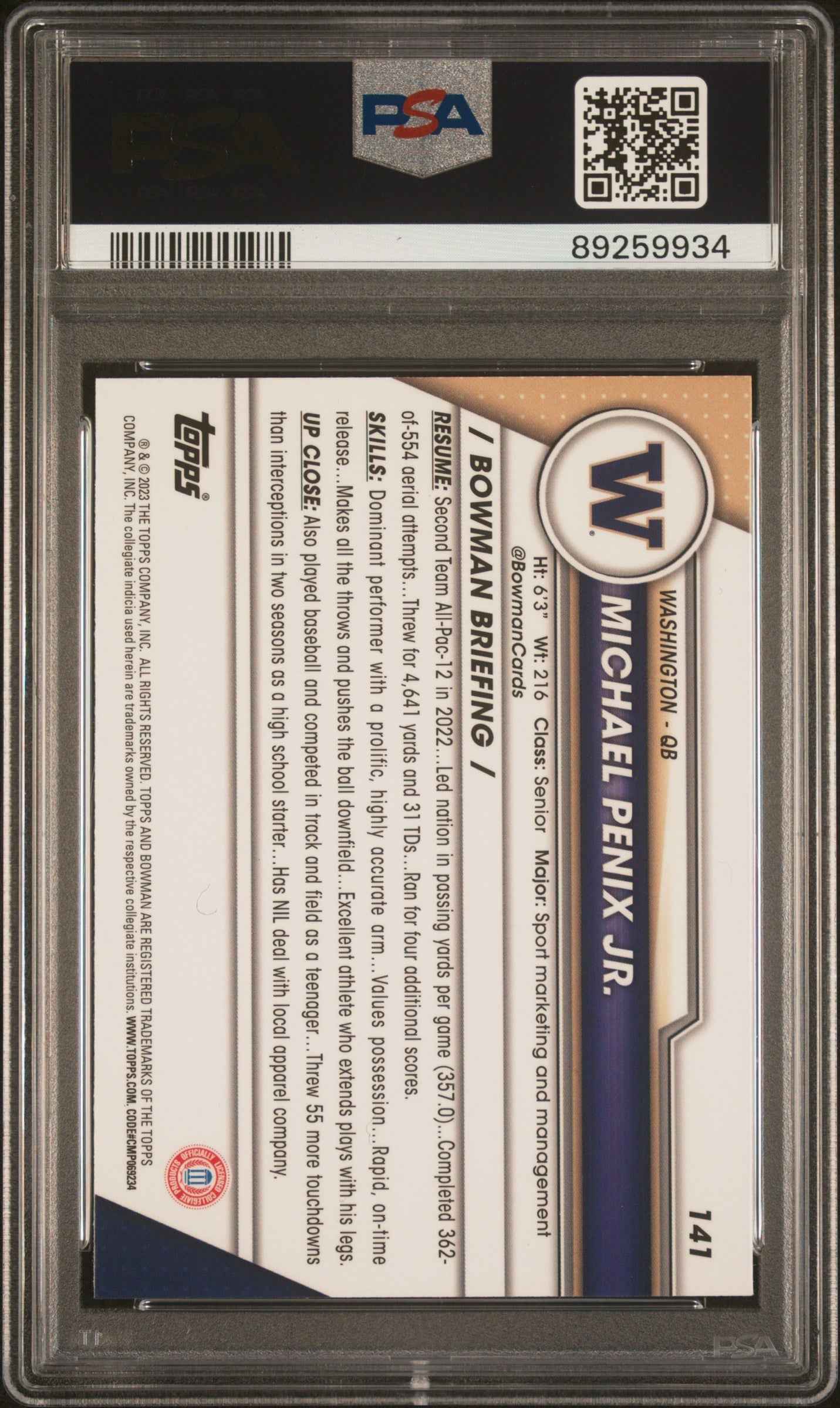 Graded 2023 Topps Bowman U Sapphire Michael Penix Jr. #141 Rookie RC Football Card PSA 10 Gem Mint