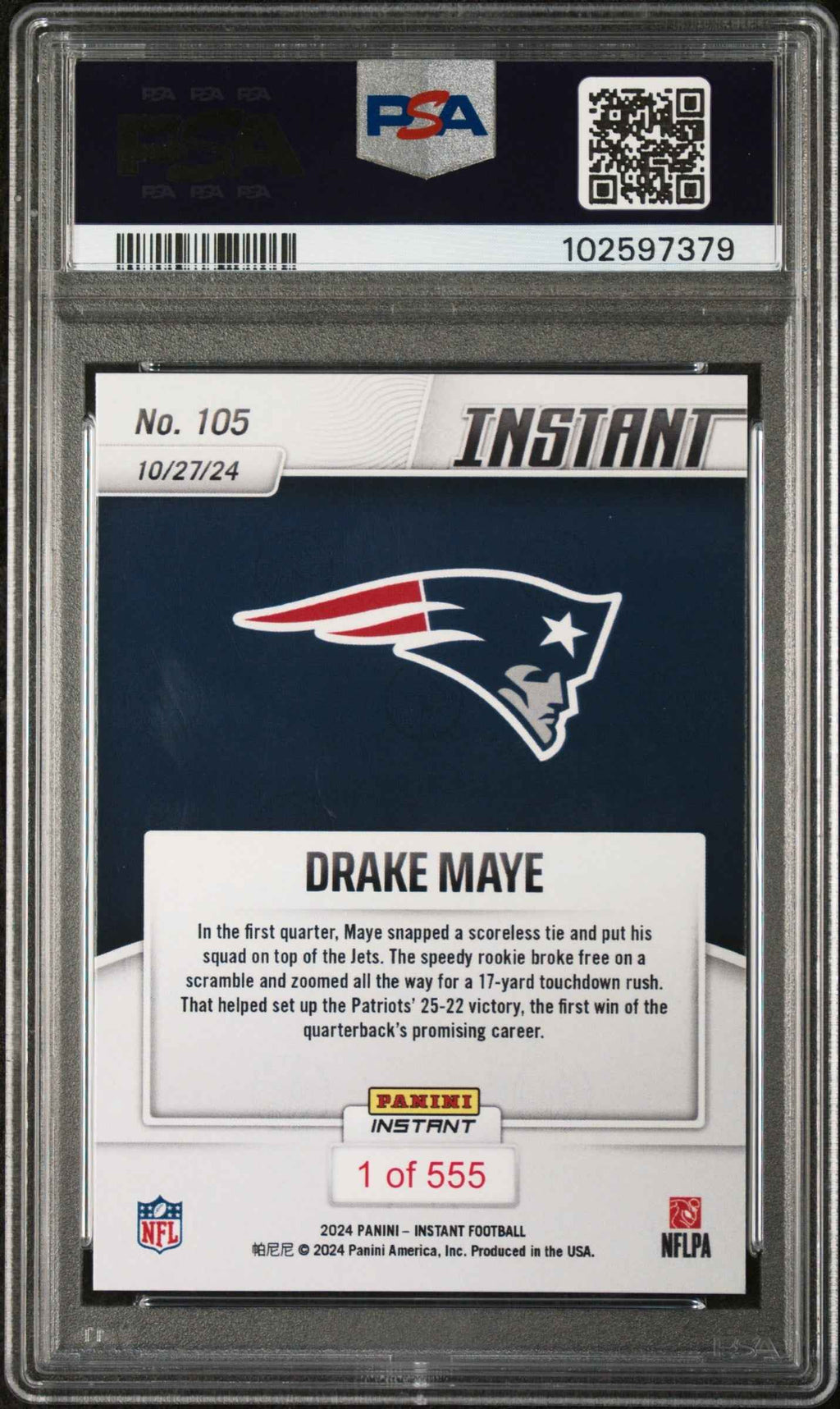 Graded 2024 Panini Instant NFL Drake Maye #105 Rookie RC Football Card PSA 9 Mint