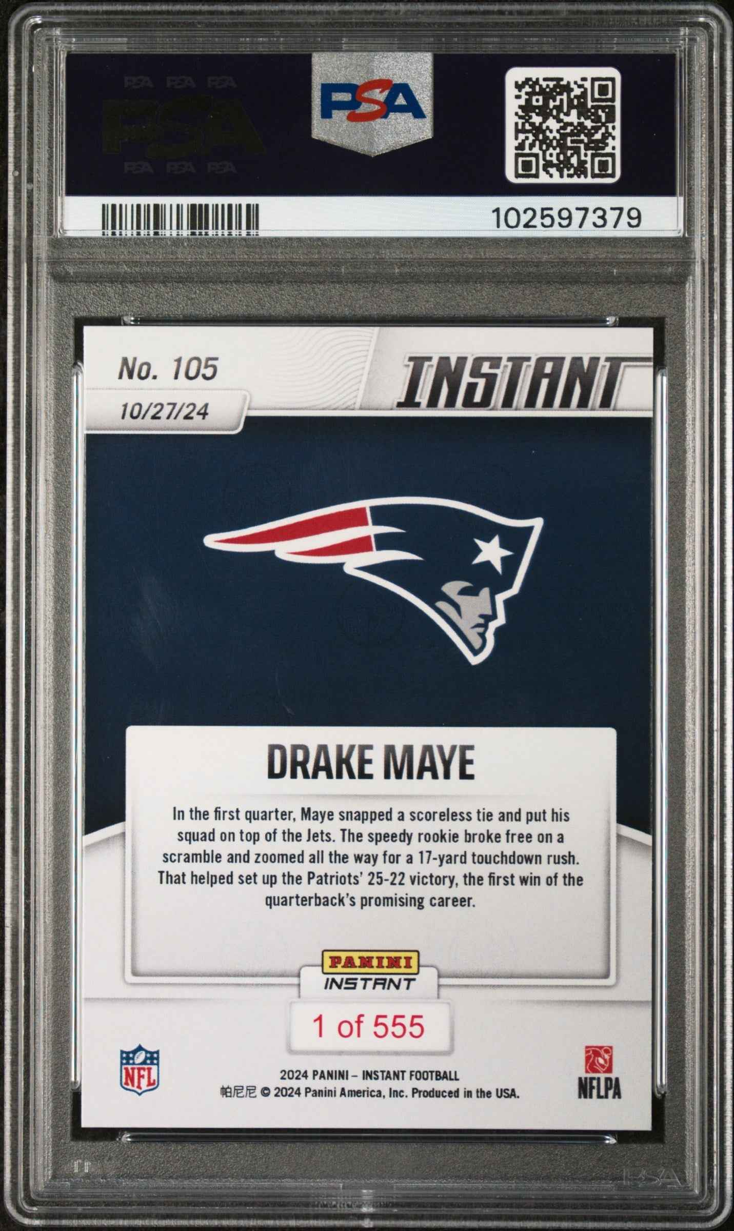 Graded 2024 Panini Instant NFL Drake Maye #105 Rookie RC Football Card PSA 9 Mint