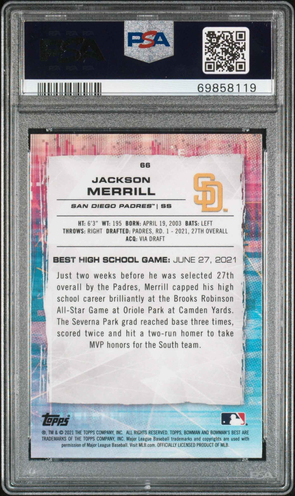 Graded 2021 Topps Bowmans Best Jackson Merrill #66 Atomic Refractor Rookie RC Baseball Card PSA 10 Gem Mint