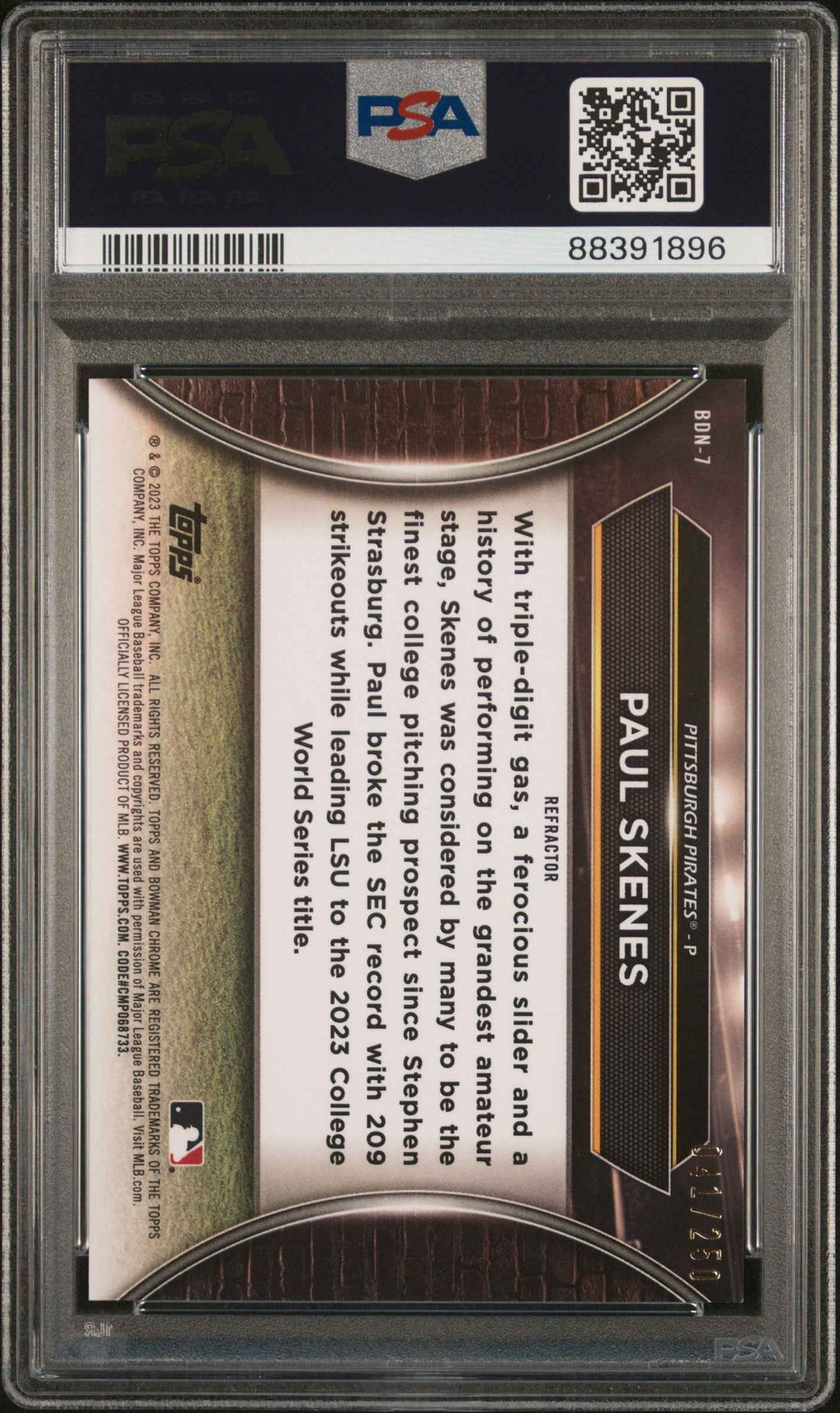 Graded 2023 Topps Bowman Draft Paul Skenes #BDN7 Draft Night Refractor Rookie RC Baseball Card PSA 10 Gem Mint