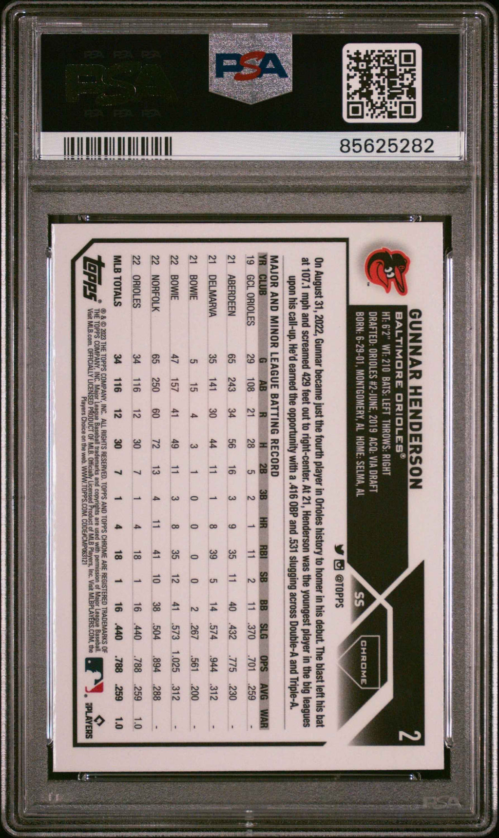 Graded 2023 Topps Chrome Gunnar Henderson #2 Rookie RC Baseball Card PSA 8 Near Mint