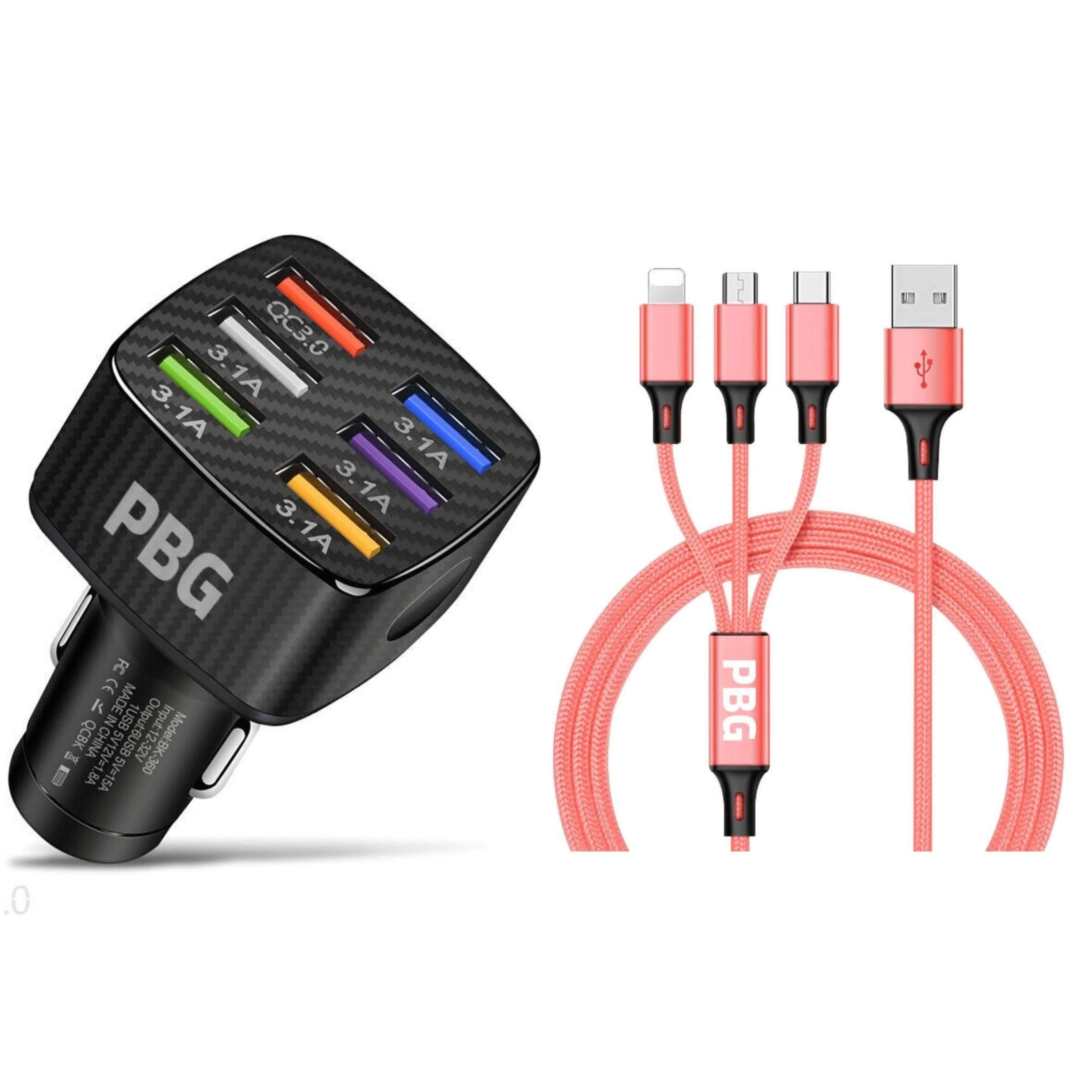 PBG Black LED 6 Port Car Charger and 4FT- 3 In 1 Cable Combo
