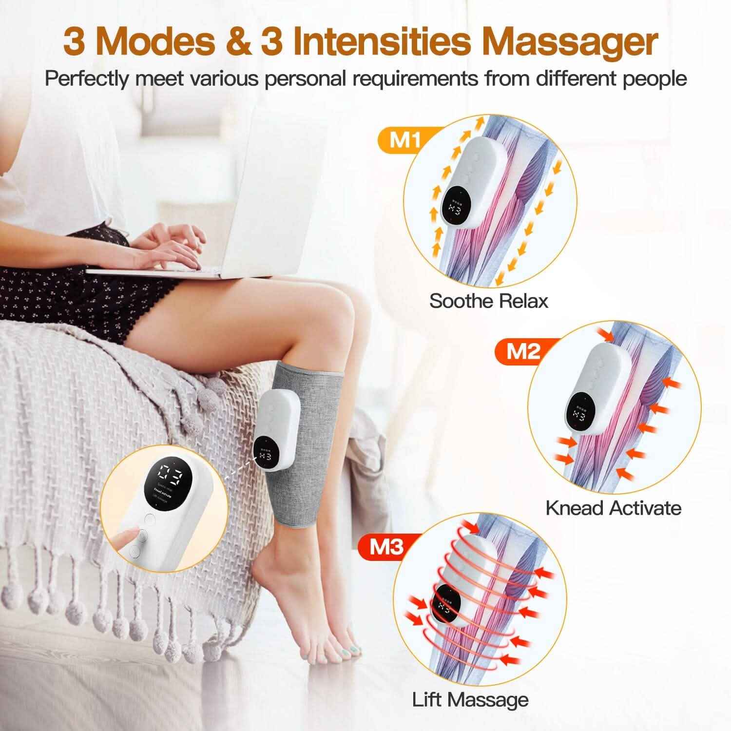 Portable Cordless Rechargeable Air Leg Compression Massage Adjustable Wrap with 3 Modes Intensities Heating Function
