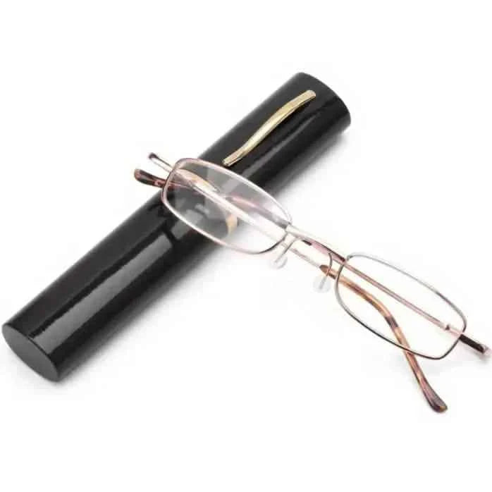 Portable Presbyopia Reading Glasses with Pen Tube Case - Unisex, Metal Frame, Spring Hinge, +1.00~+4.00, Plastic Lens