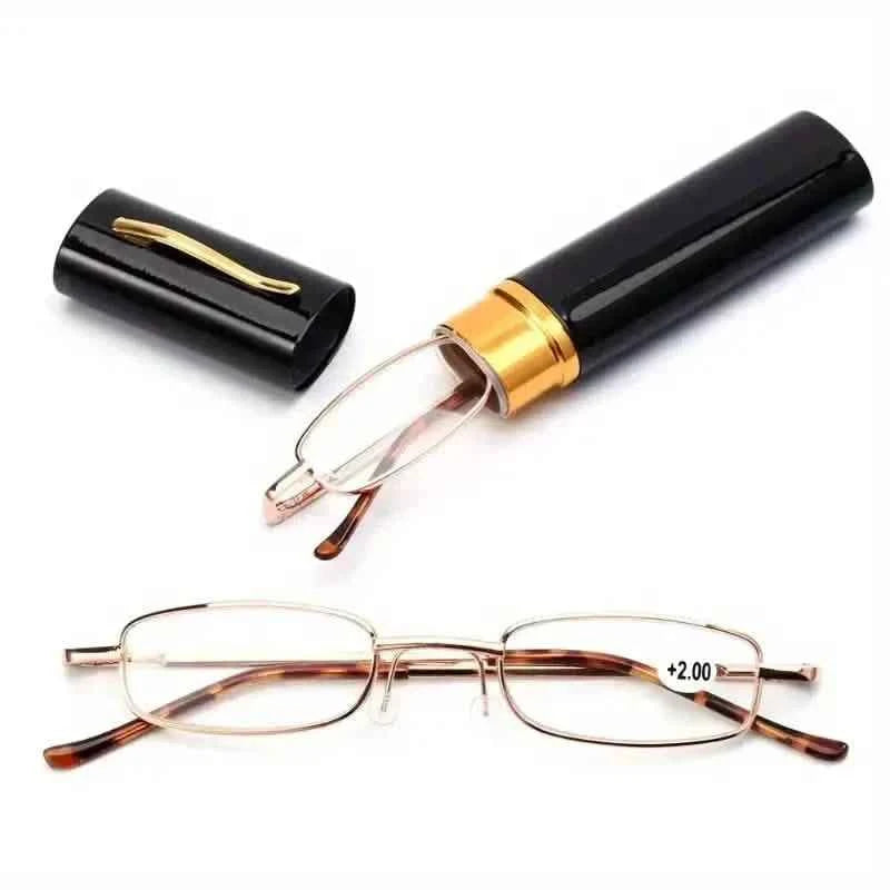 Portable Presbyopia Reading Glasses with Pen Tube Case - Unisex, Metal Frame, Spring Hinge, +1.00~+4.00, Plastic Lens