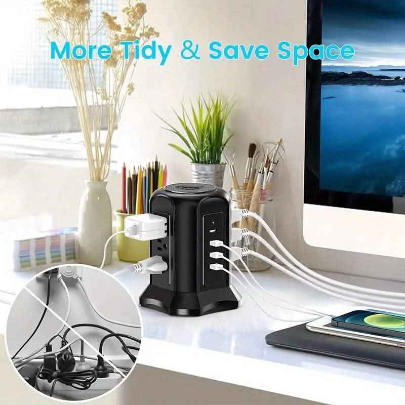 Power Strip Tower with 9 Outlets 4 USB Ports 6.5 Ft. Long Extension Cord