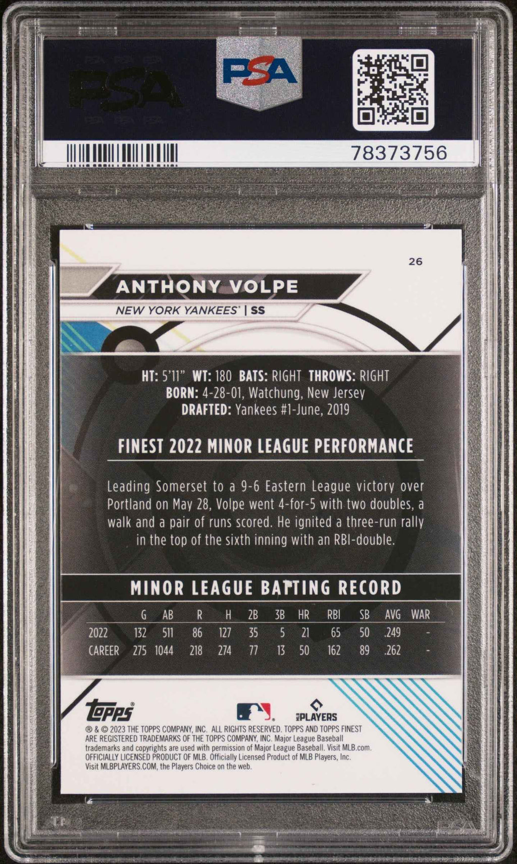 Graded 2023 Topps Finest Anthony Volpe #26 Rookie RC Baseball Card PSA 10 Gem Mint