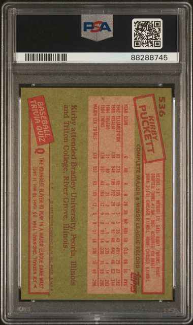 Graded 1985 Topps Kirby Puckett #536 Rookie RC Baseball Card PSA 9 Mint