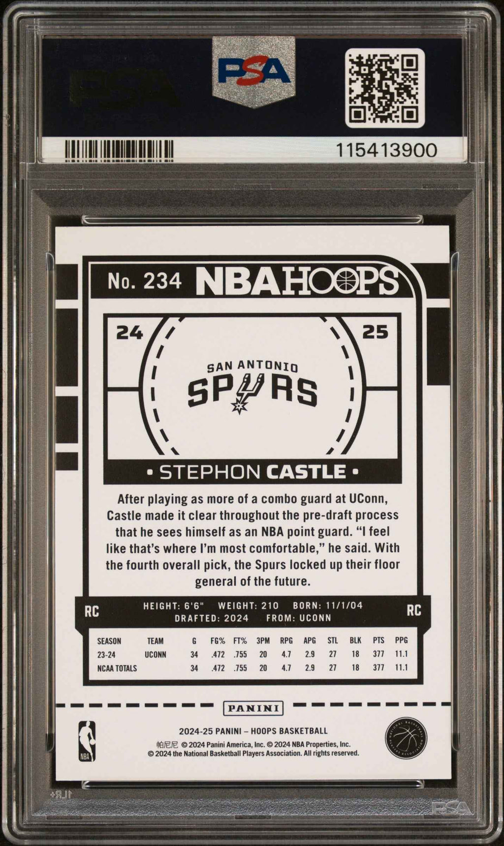 Graded 2024 Panini Hoops Stephon Castle #234 Rookie RC Basketball Card PSA 9 Mint