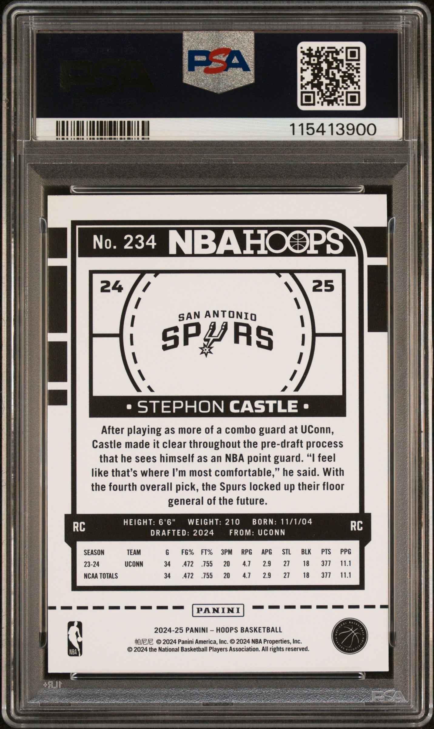 Graded 2024 Panini Hoops Stephon Castle #234 Rookie RC Basketball Card PSA 9 Mint