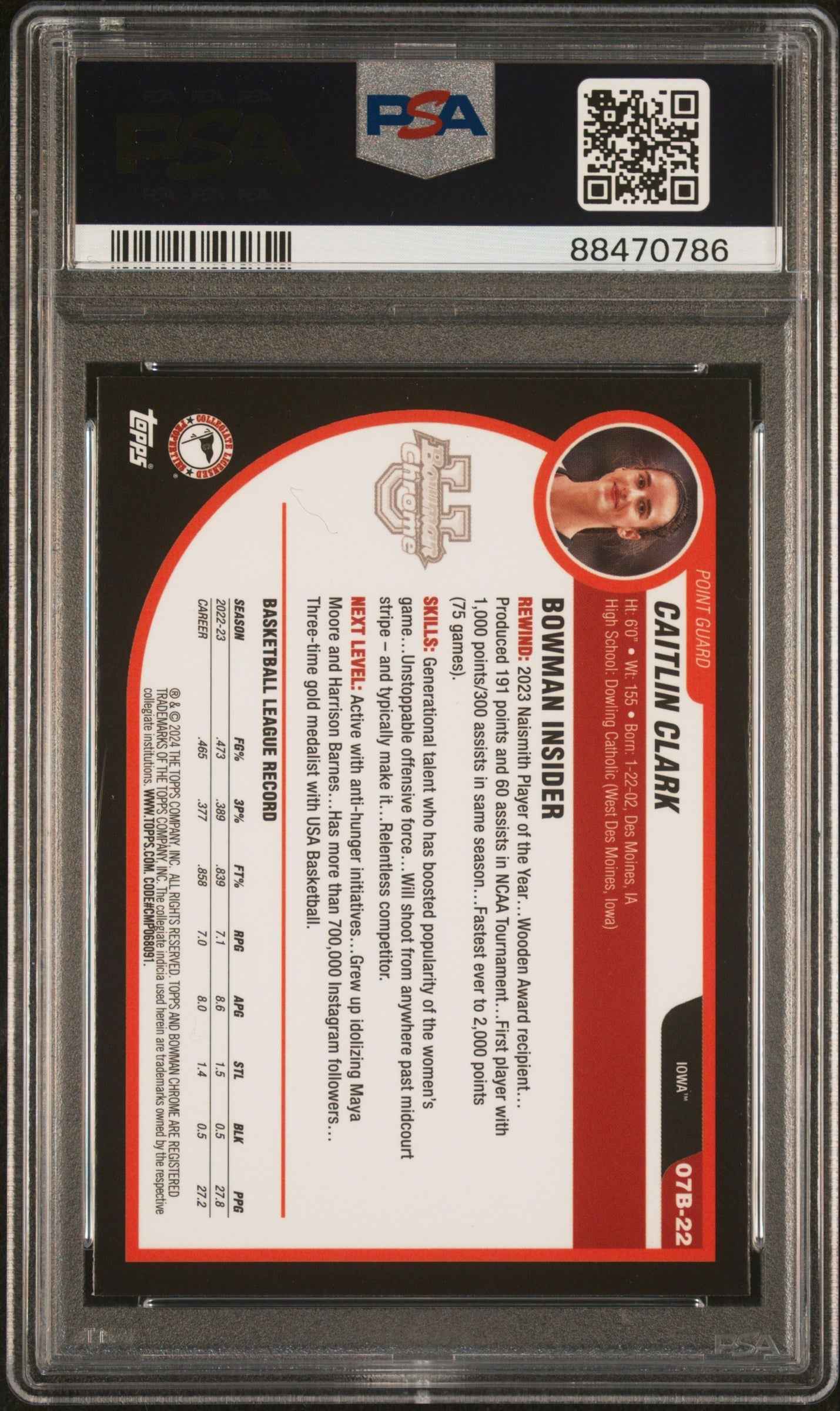 Graded 2023 Topps Bowman U Chrome Caitlin Clark #07B22 2007 Bowman Rookie RC Basketball Card PSA 10 Gem Mint
