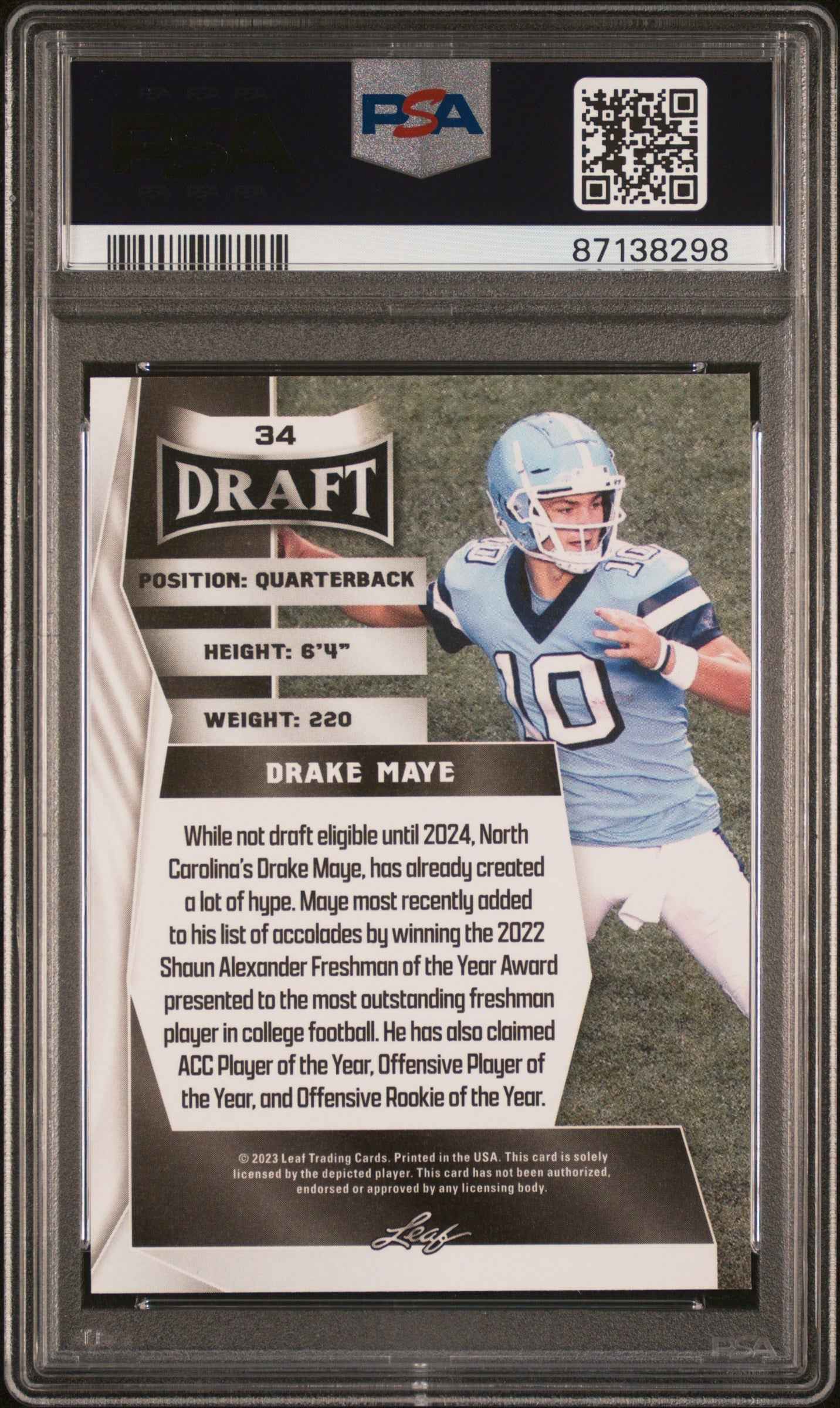 Graded 2023 Leaf Draft Drake Maye #34 Rookie RC Football Card PSA 10 Gem Mint