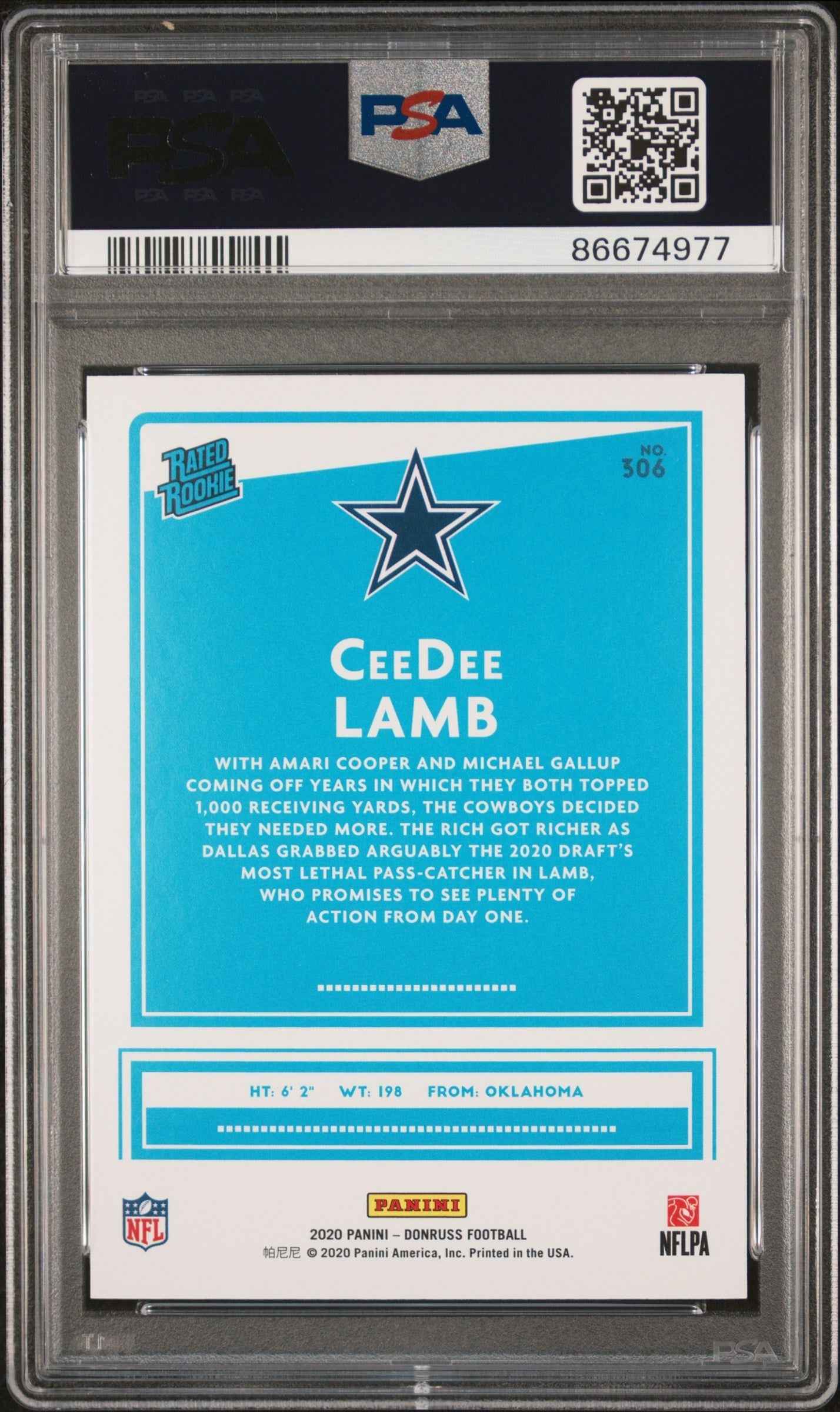 Graded 2020 Panini Donruss CeeDee Lamb #306 Rookie RC Football Card PSA 9 Mint