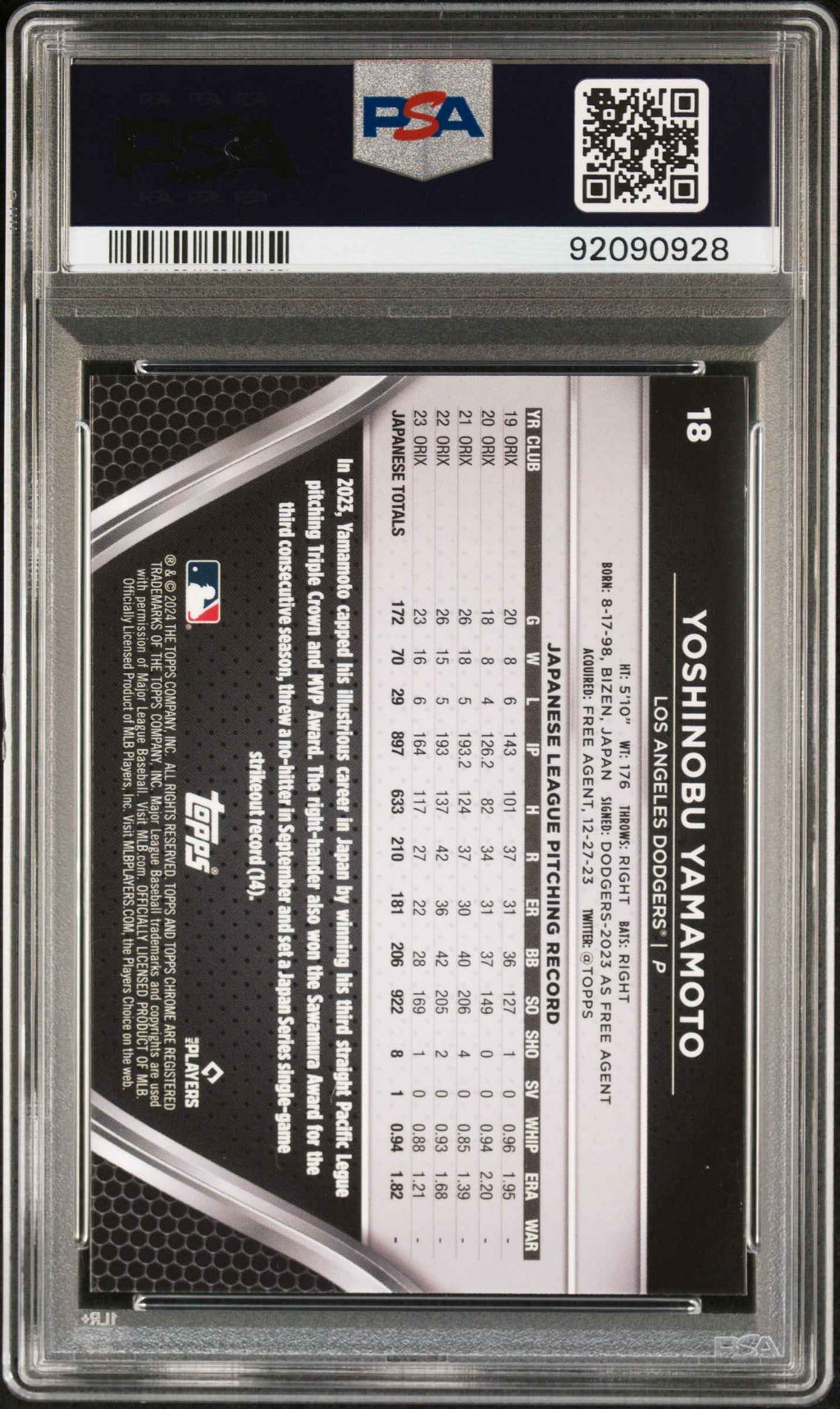 Graded 2024 Topps Chrome Black Yoshinobu Yamamoto #18 Rookie RC Baseball Card PSA 10 Gem Mint