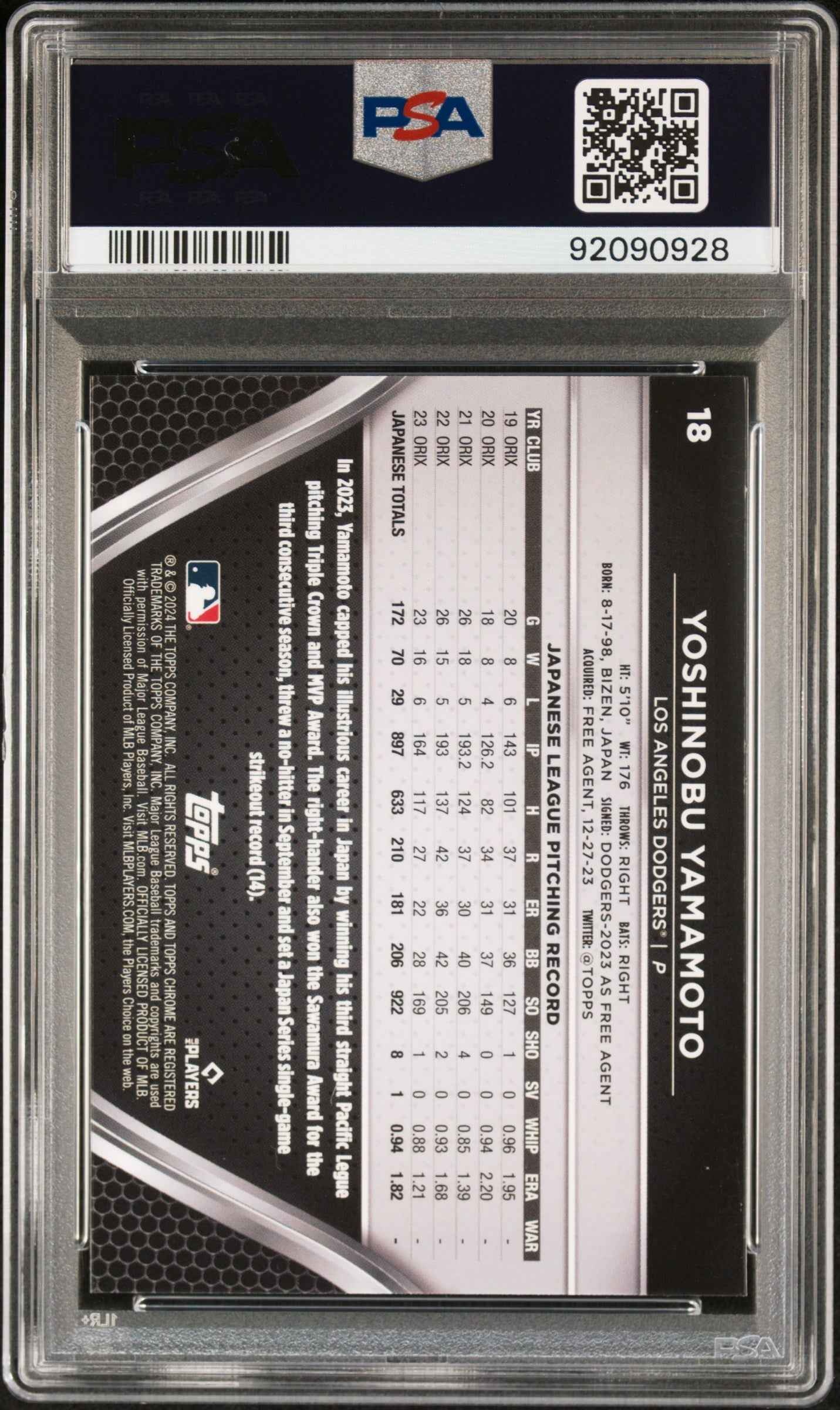 Graded 2024 Topps Chrome Black Yoshinobu Yamamoto #18 Rookie RC Baseball Card PSA 10 Gem Mint