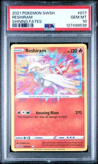Graded 2021 PKM Sword & Shield Reshiram Holo #017 Shining Fates Trading Card Game PSA 10 Gem Mint