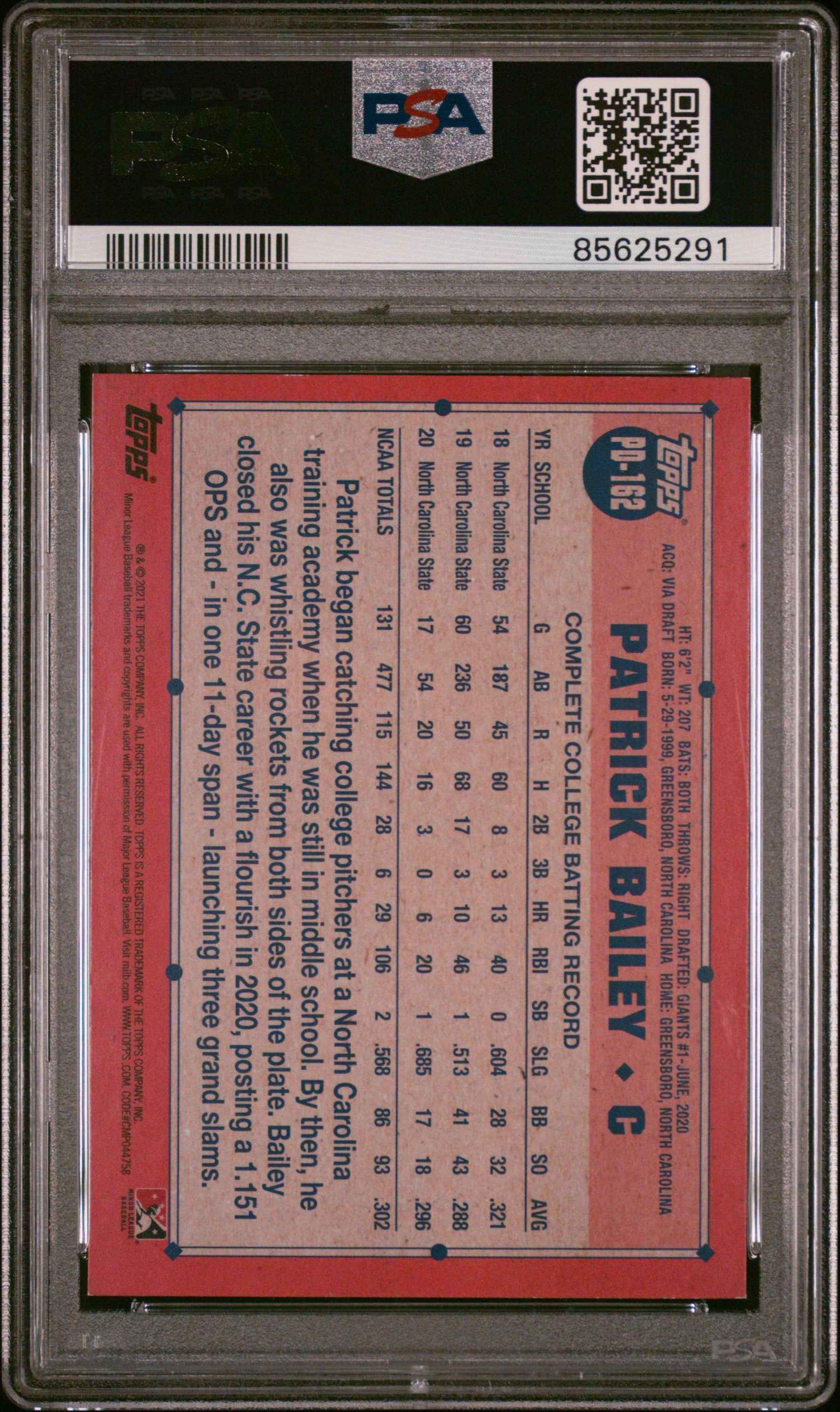 Graded 2021 Topps Pro Debut Patrick Bailey #PD162 Rookie RC Baseball Card PSA 9 Mint