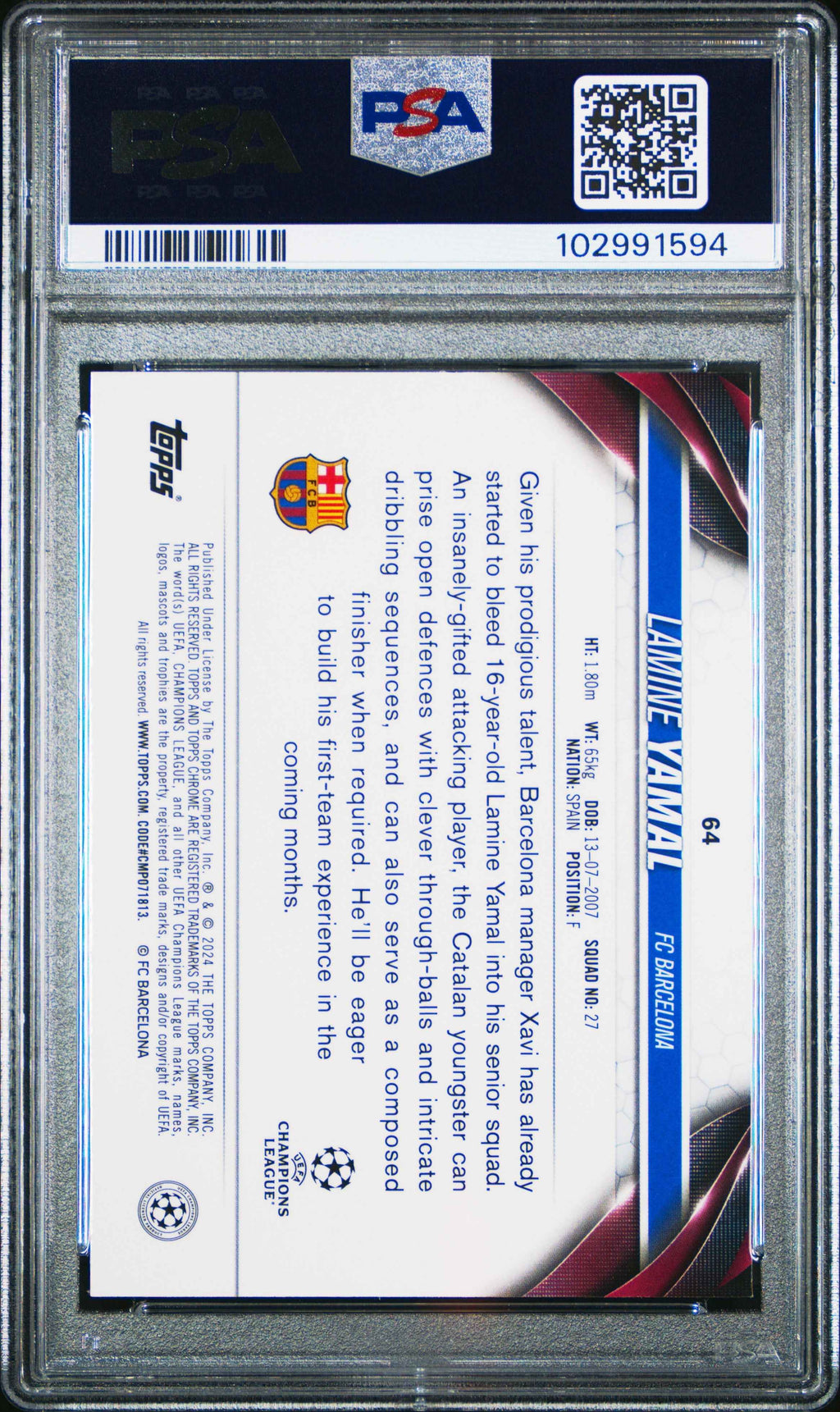Graded 2023 Topps Chrome UCC Lamine Yamal #64 Rookie RC Soccer Card PSA 9 Mint